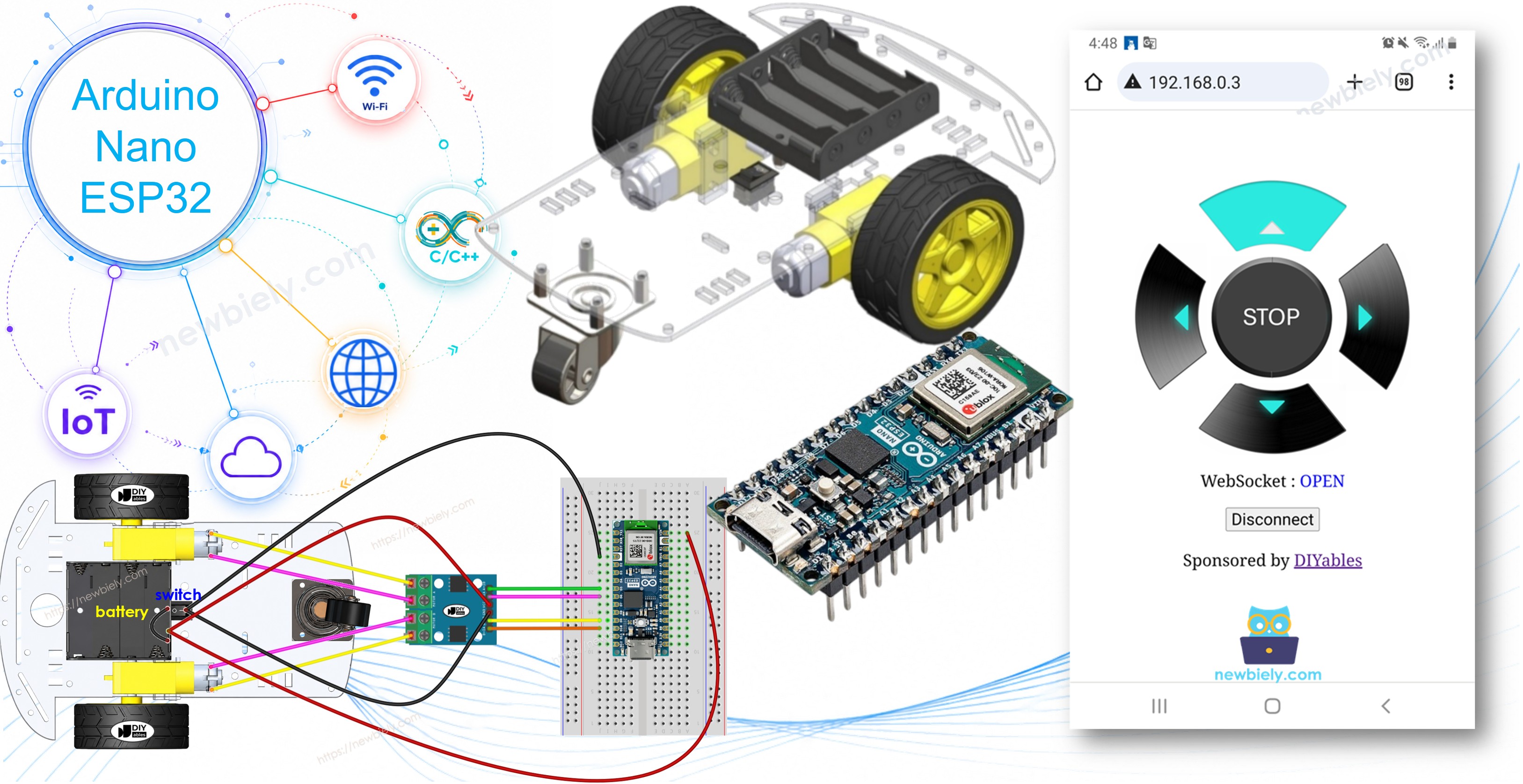 Arduino Nano ESP32 steuert ein Roboterauto über das Web.