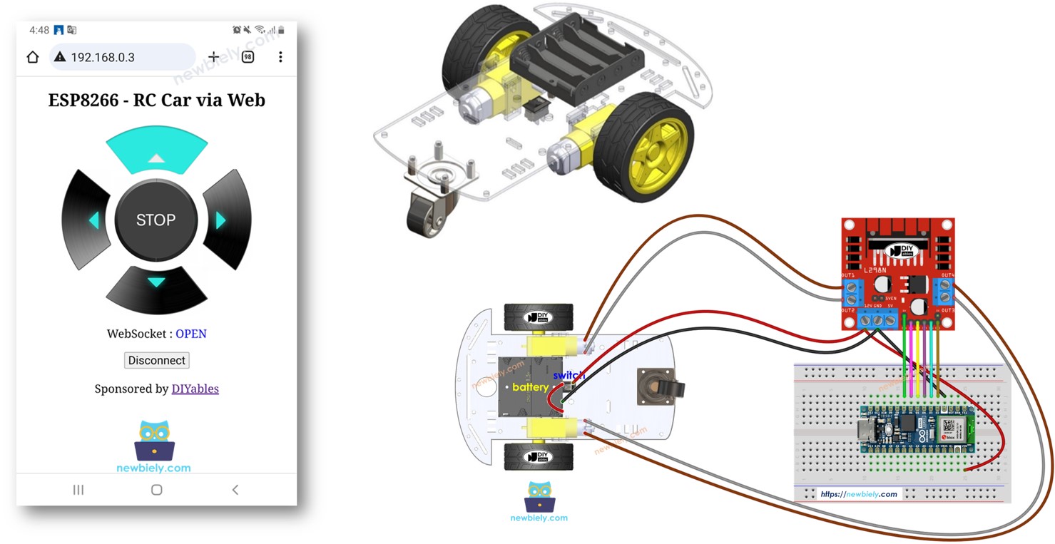 Arduino Nano ESP32 steuert ein Roboterauto über das Web.