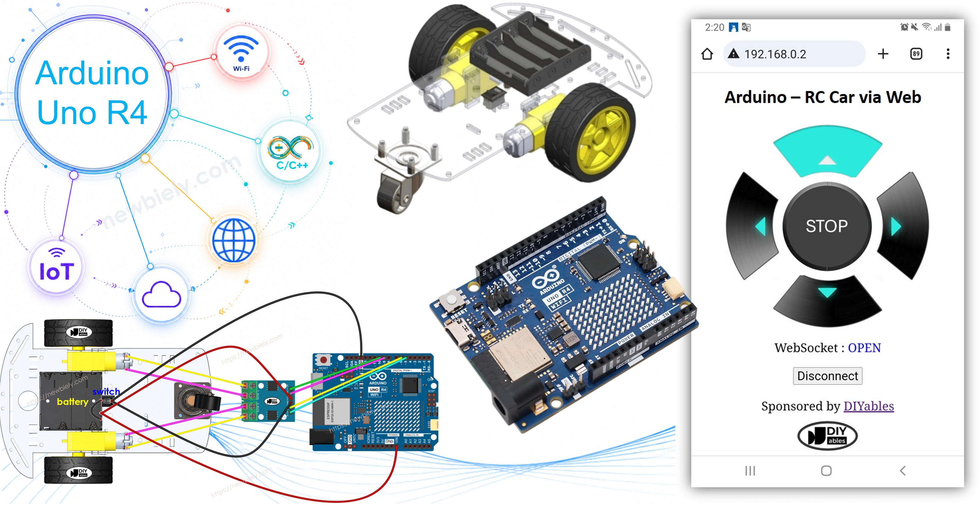 Arduino UNO R4 steuert ein Roboterauto über das Web.