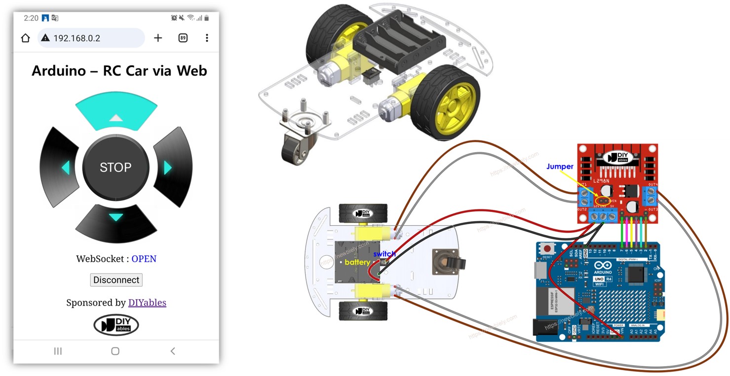 Arduino UNO R4 steuert ein Roboterauto über das Web.
