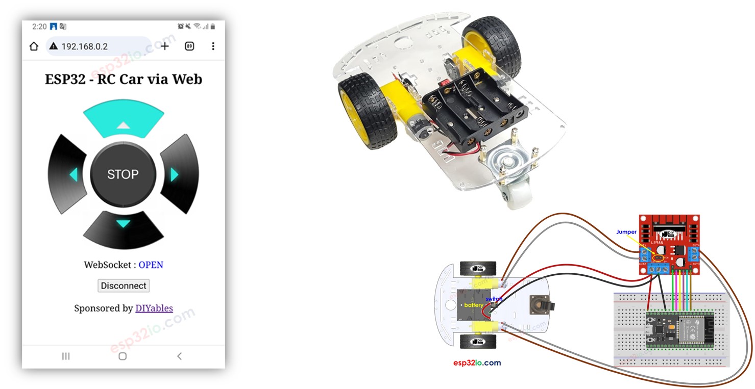 Der ESP32 steuert ein Roboterauto über das Web.