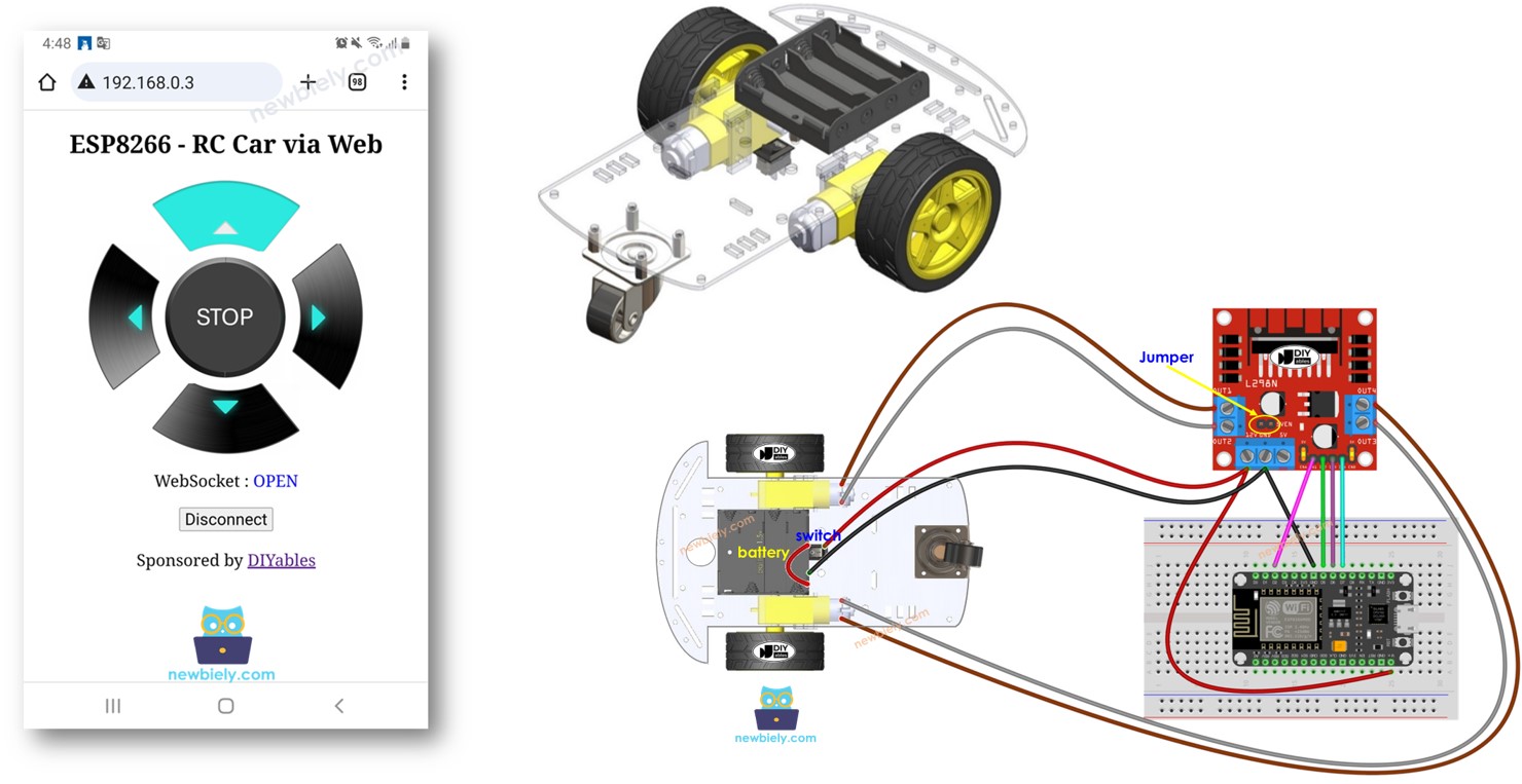 ESP8266 NodeMCU steuert Roboterauto über das Web