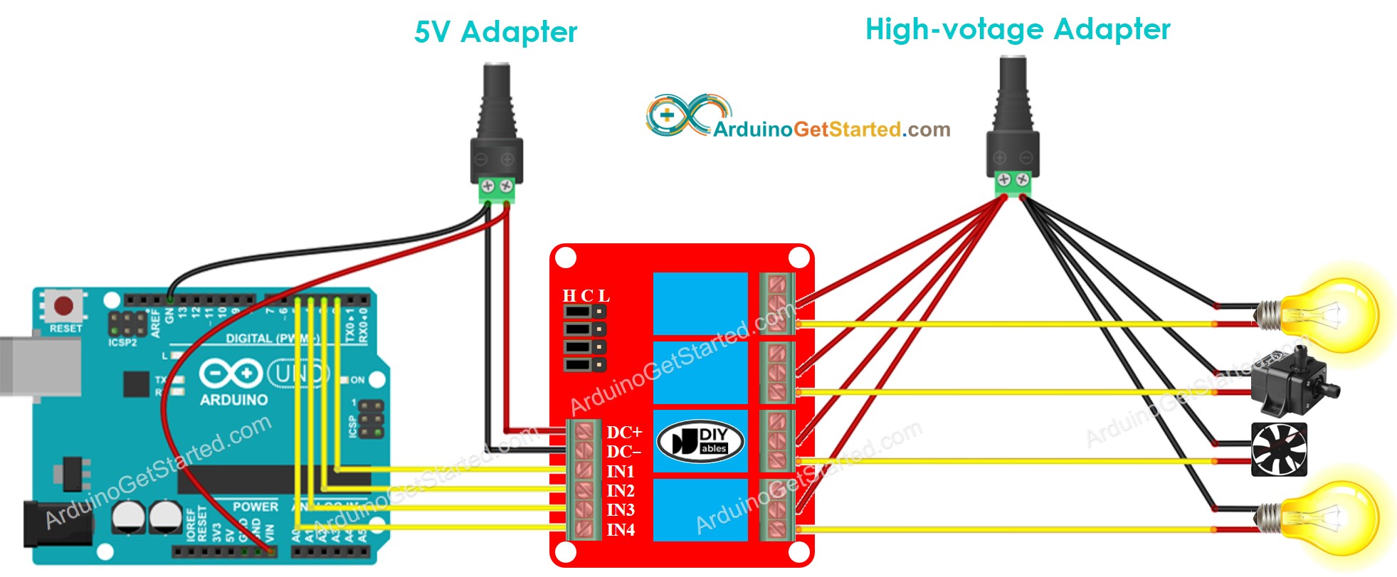 Arduino 4-Kanal-Relaismodul Schaltplan zwei Spannungsquellen