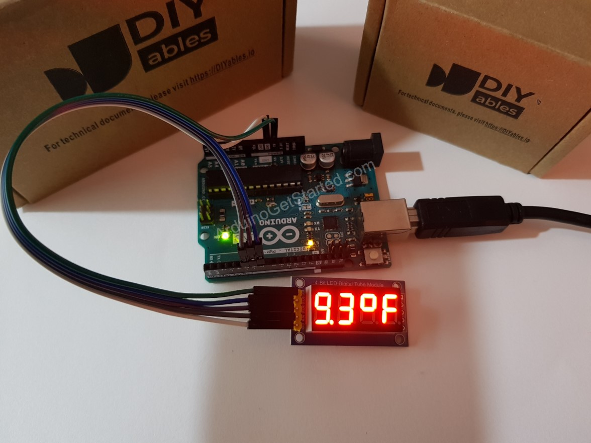 Arduino 74HC595-Modul zeigt Temperatur an.