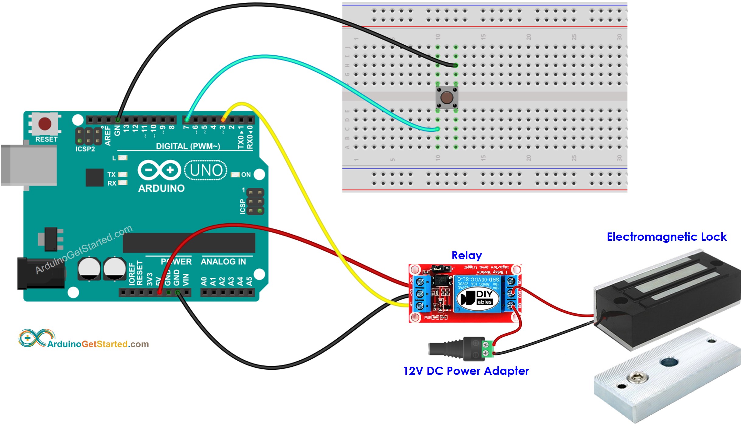 Schaltplan zur Verdrahtung einer Arduino-Taste mit elektromagnetischer Verriegelung