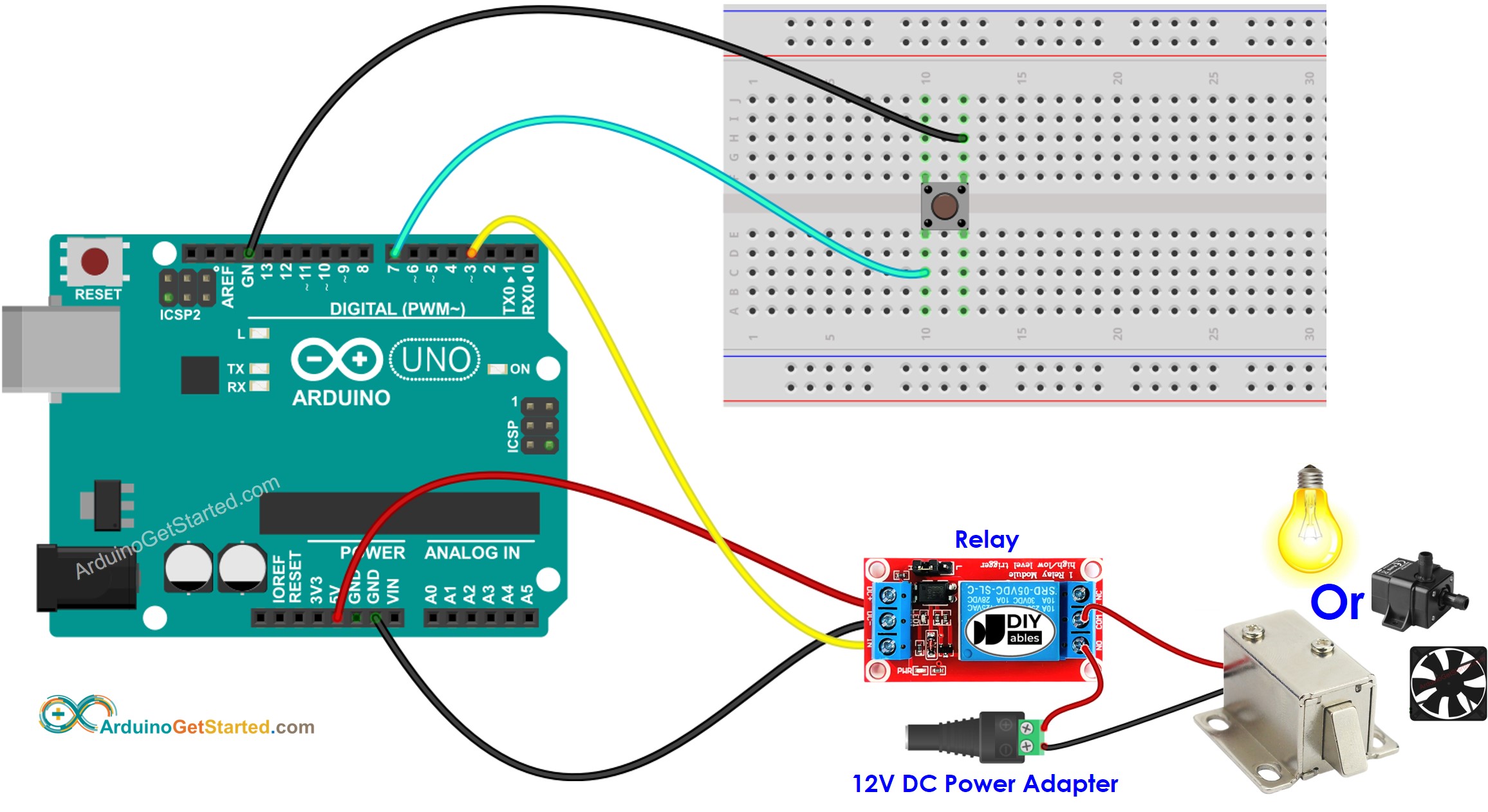 Schaltplan zur Verkabelung eines Arduino-Taster-Relais