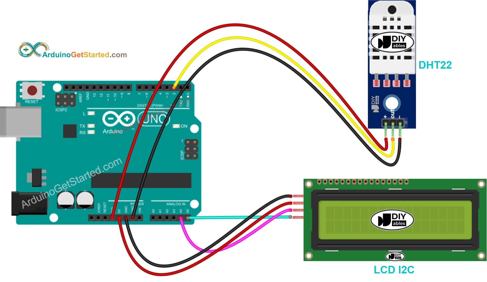 Arduino DHT22 LCD Verdrahtungsdiagramm