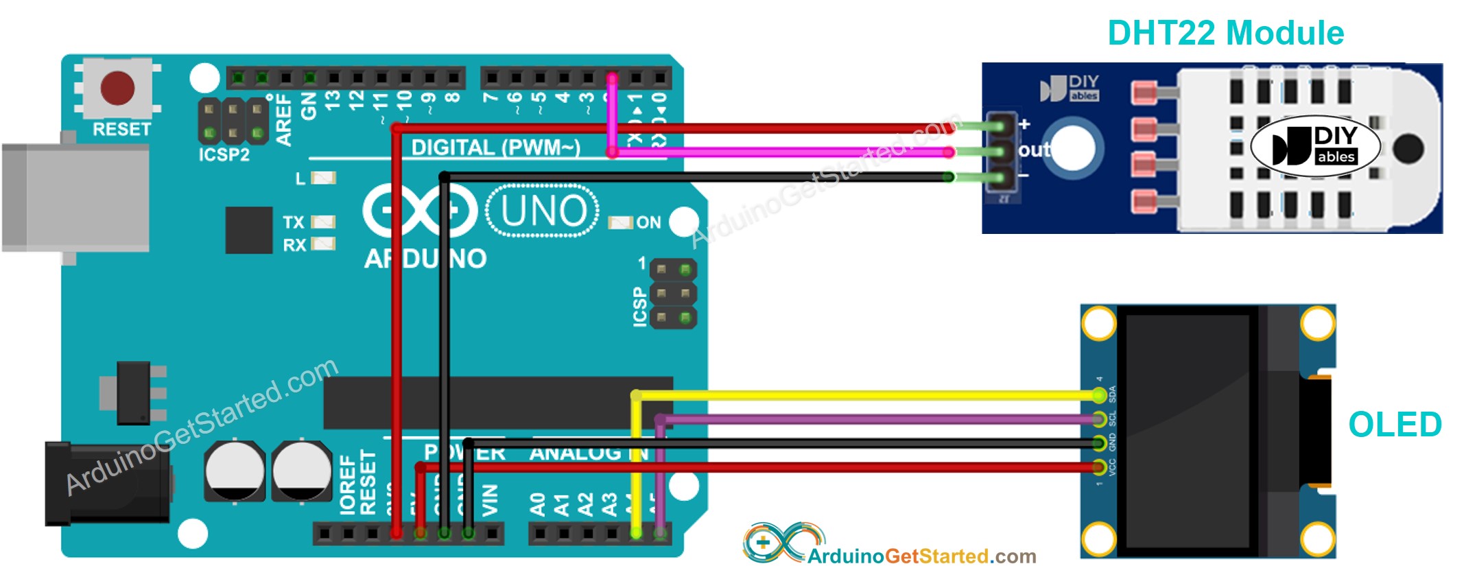 Arduino DHT22 Modul OLED Verdrahtungsdiagramm