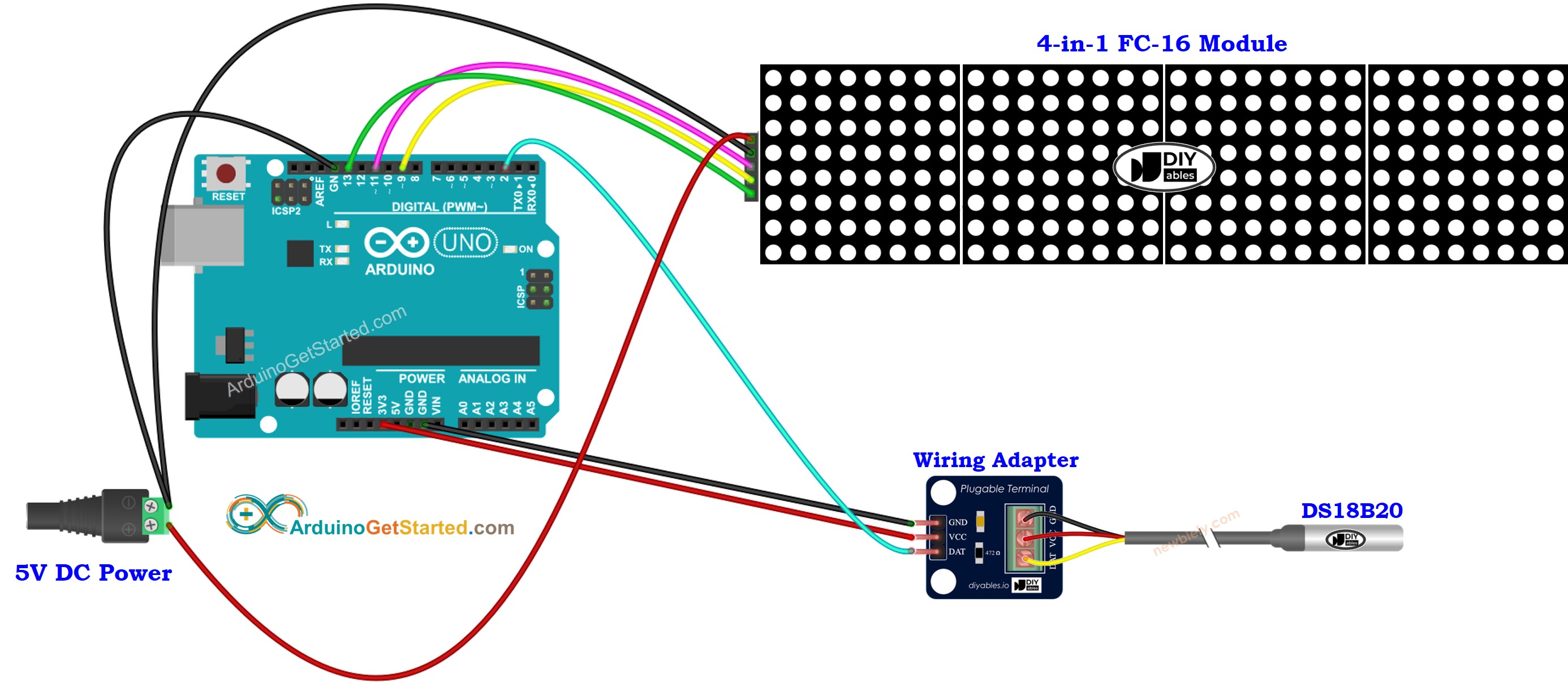 Arduino DS18B20 Temperatursensor LED-Matrix Verdrahtungsdiagramm
