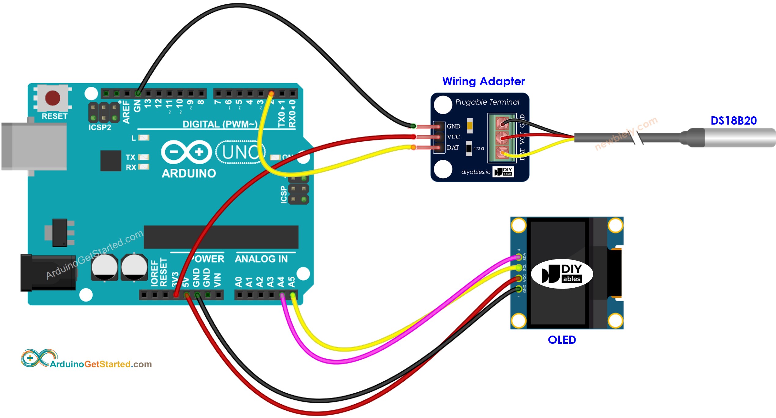 Arduino DS18B20 Temperatursensor OLED Verdrahtungsdiagramm