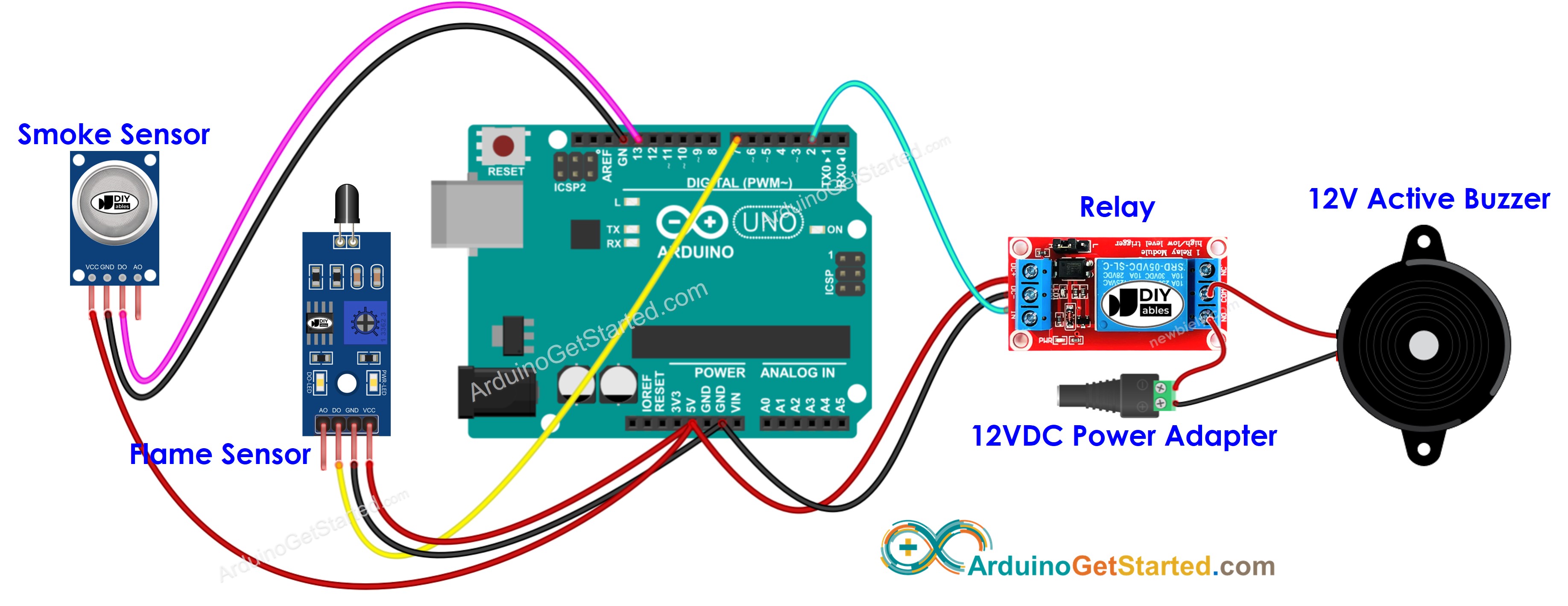 Verdrahtungsdiagramm für Arduino-Feueralarmsirenen-System