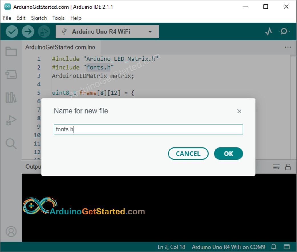 Arduino IDE 2 fügt die Datei fonts.h hinzu