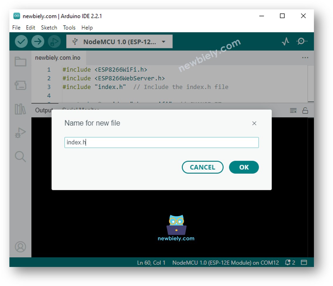 Arduino IDE 2 fügt die Datei index.h hinzu.