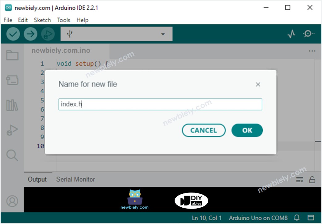 Arduino IDE 2 fügt die Datei index.h hinzu.