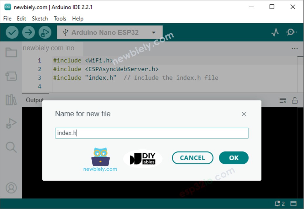 Arduino IDE 2 fügt die Datei index.h hinzu.