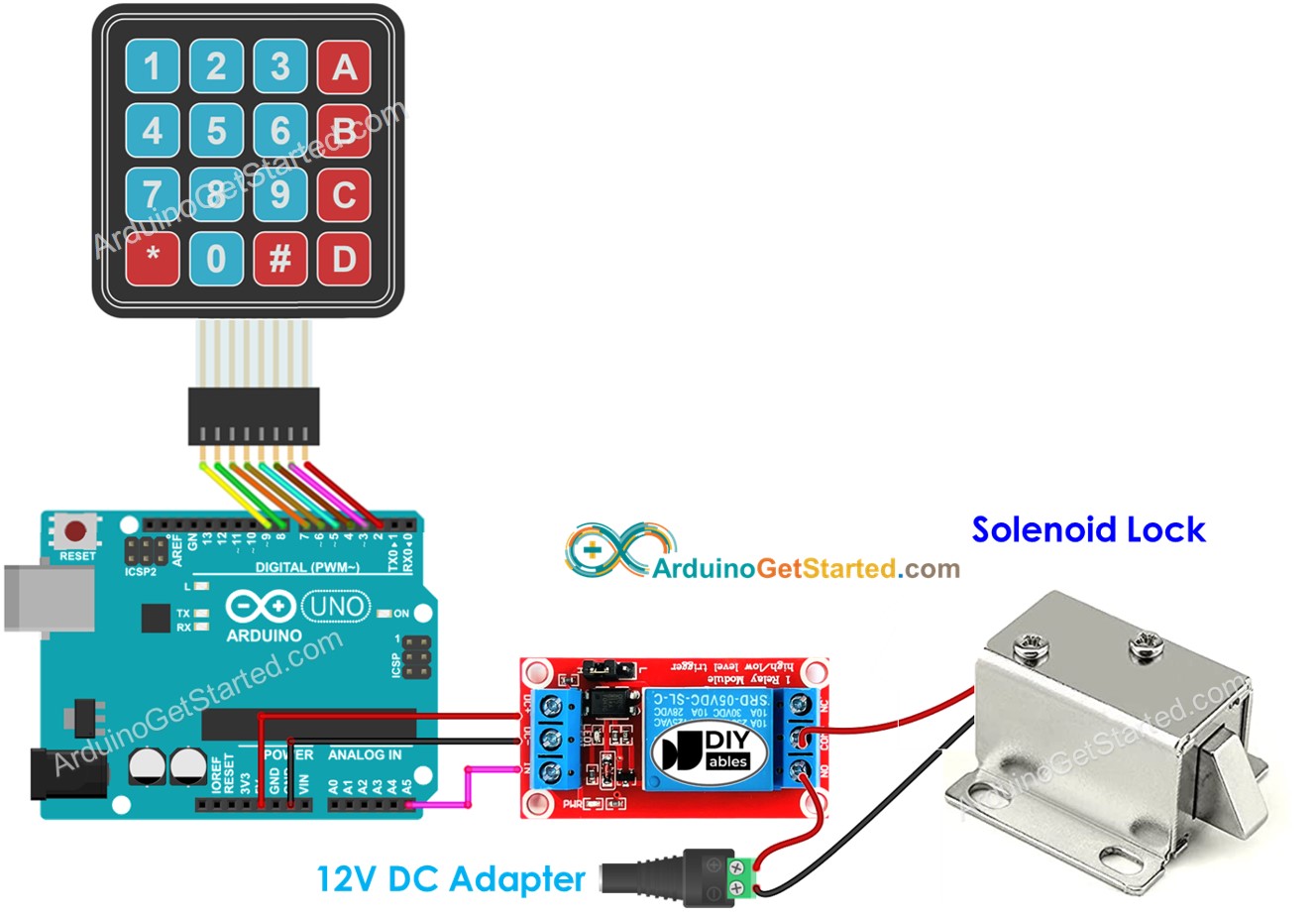Arduino, Tastenfeld, Verdrahtungsdiagramm des Solenoidschlosses