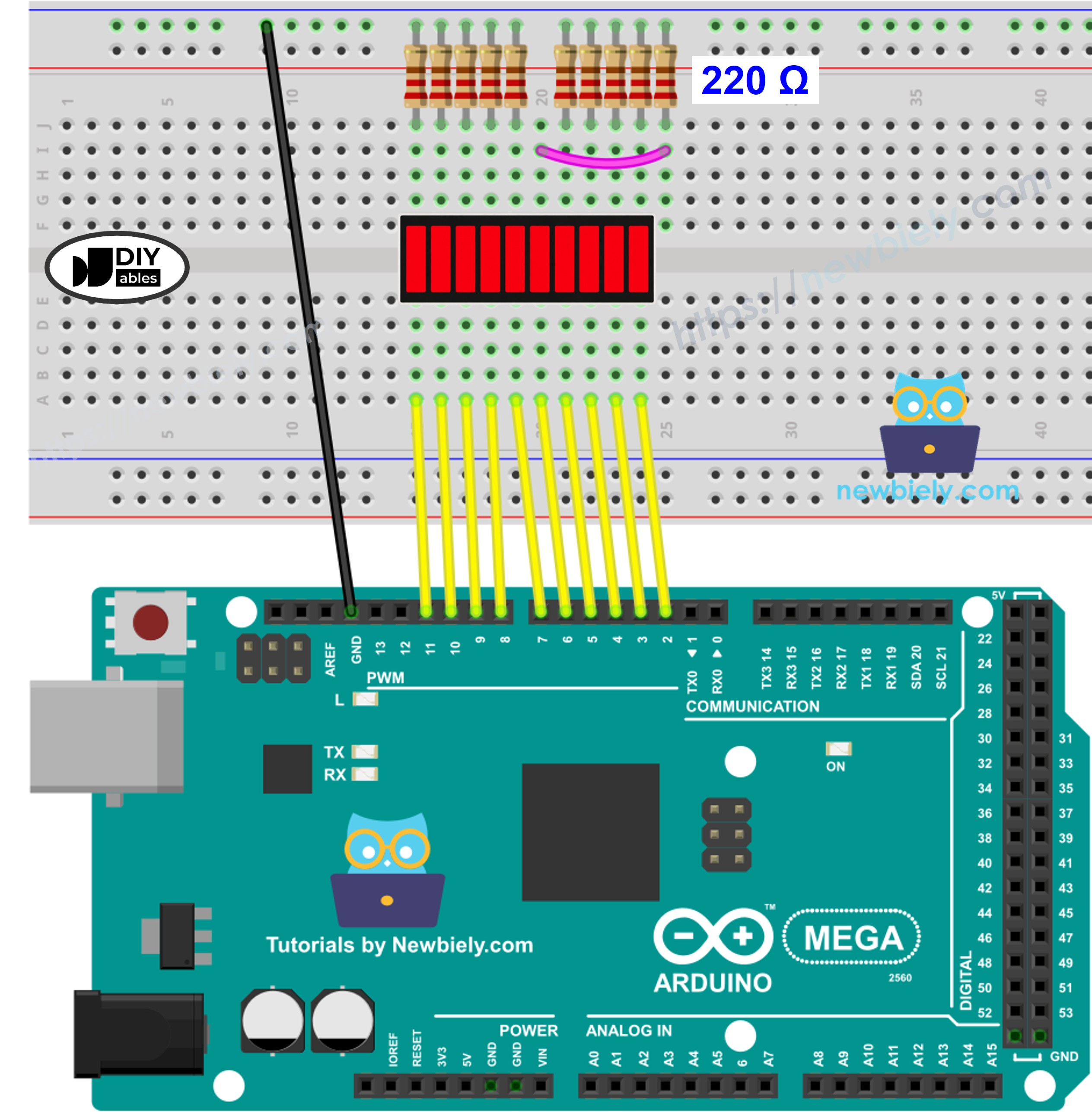 Schaltplan Arduino Mega und 10-Segment-LED-Balkenanzeige