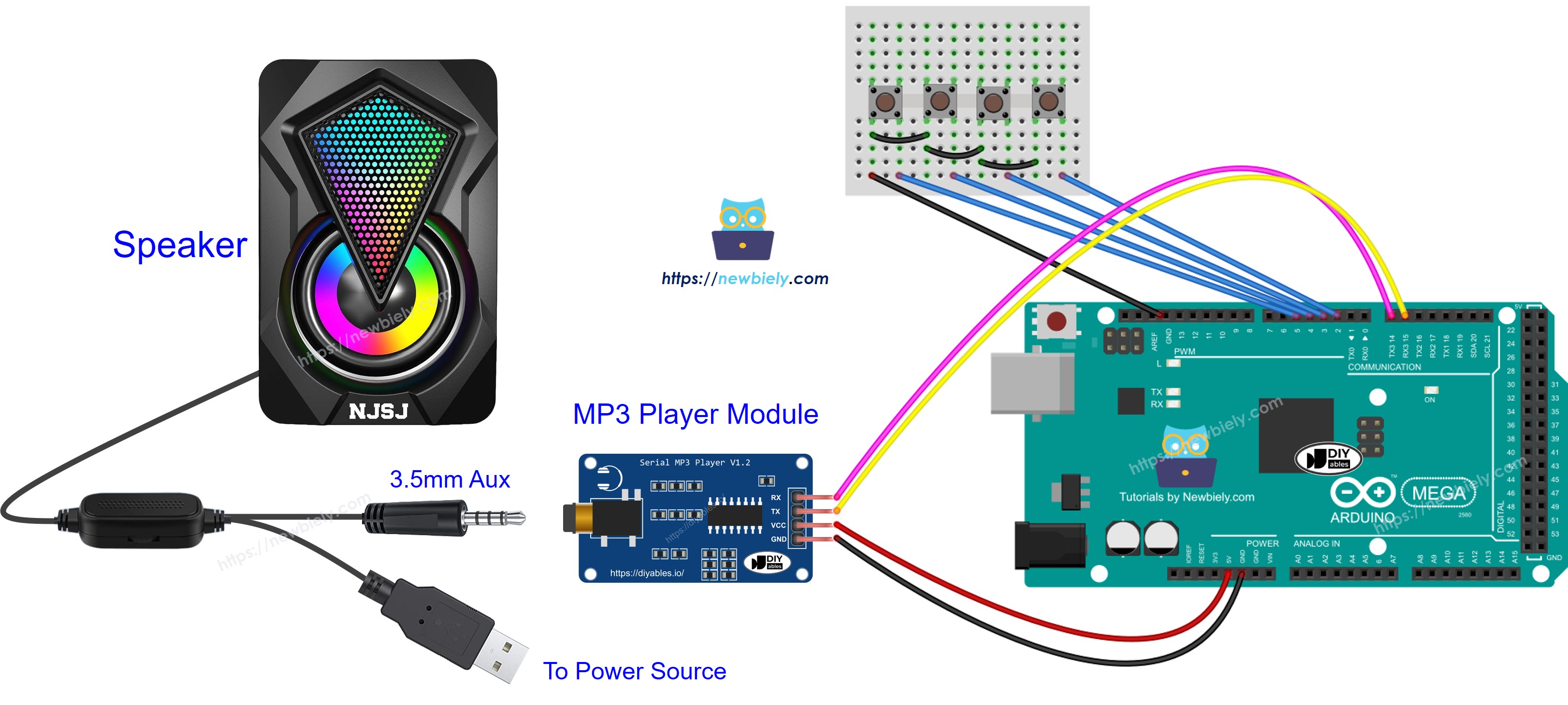 Arduino Mega MP3 player speaker Wiring Diagram