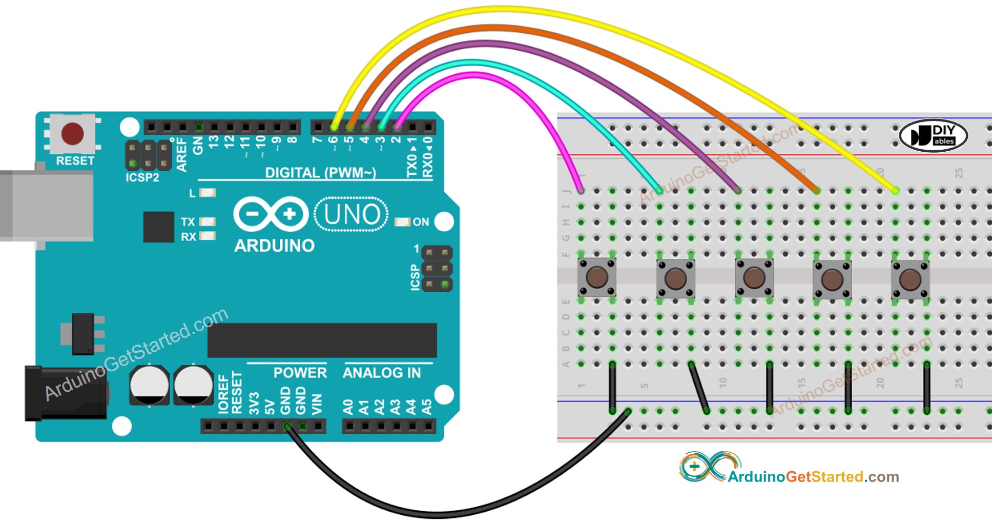 Arduino-Verdrahtungsdiagramm für mehrere Tasten