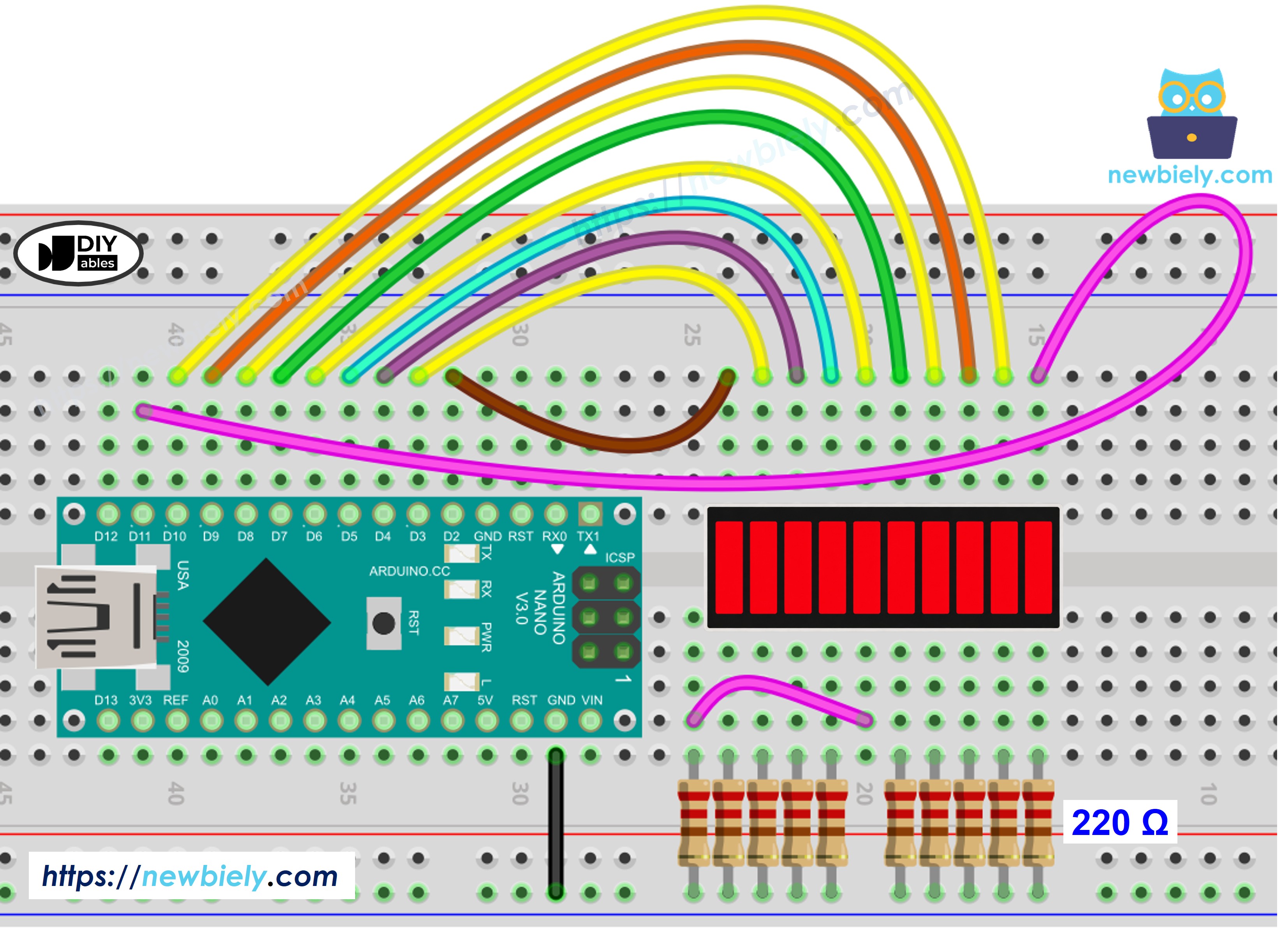 Schaltplan Arduino Nano und 10-Segment-LED-Balkenanzeige