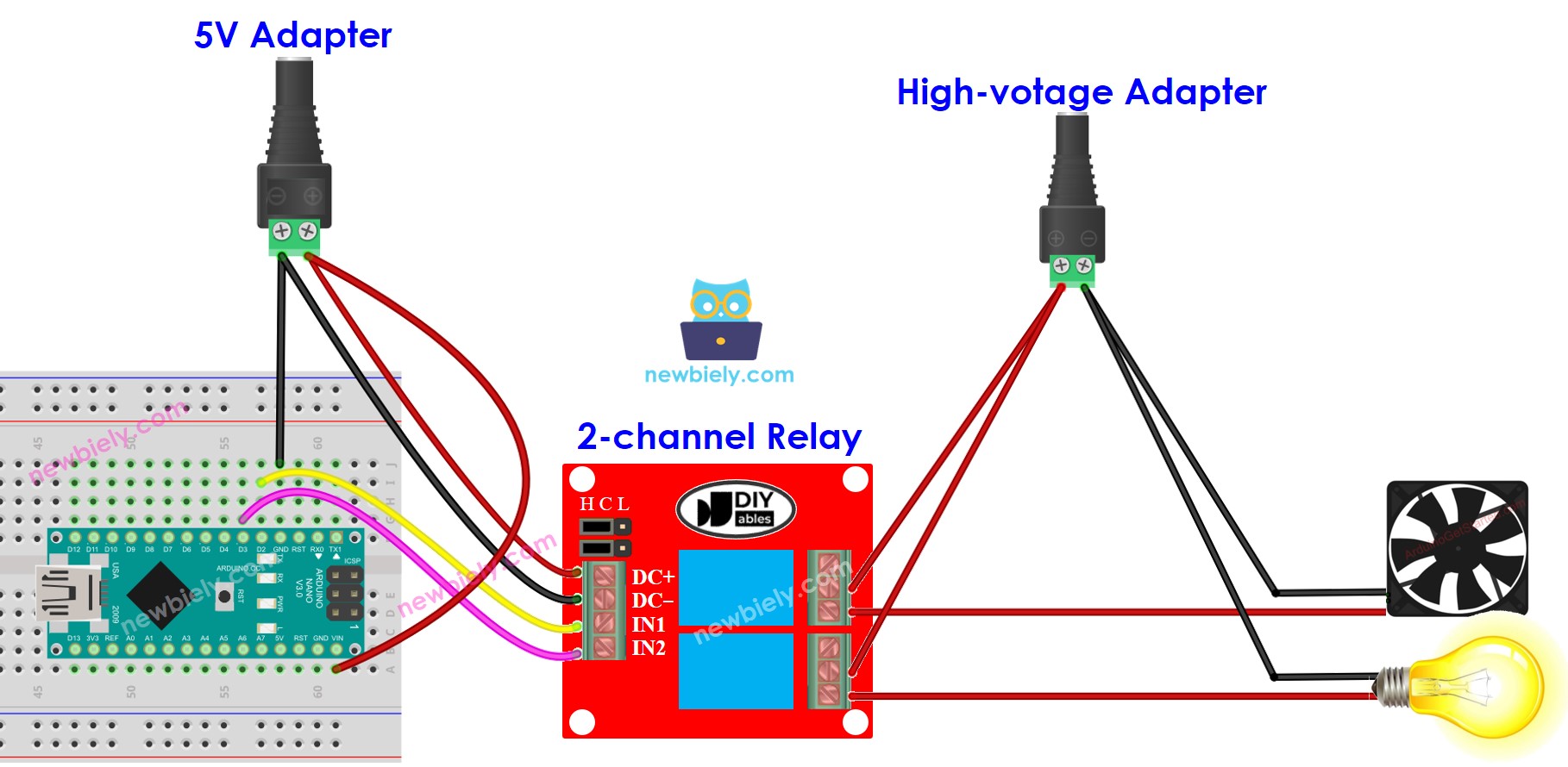 Arduino Nano 2-Kanal-Relaismodul Schaltplan für zwei Spannungsquellen