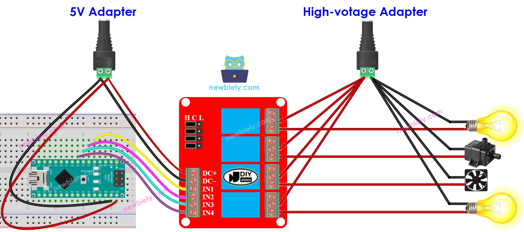 Arduino Nano 4-Kanal-Relaismodul Verdrahtungsdiagramm zwei Spannungsquellen