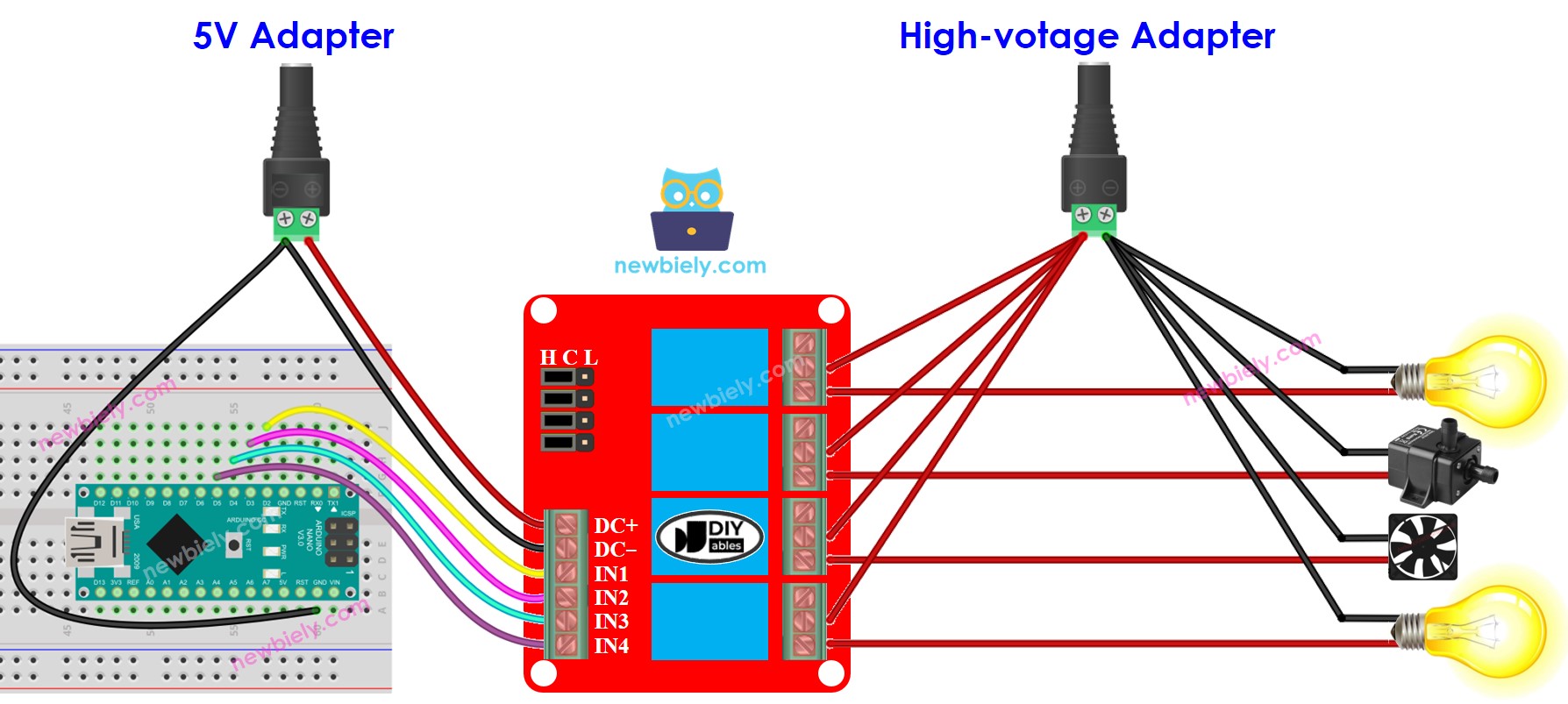 Arduino Nano 4-Kanal-Relaismodul Verdrahtungsdiagramm