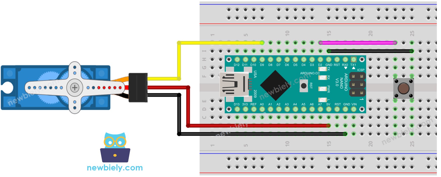 Arduino Nano Taster Servo-Motor Verdrahtungsdiagramm