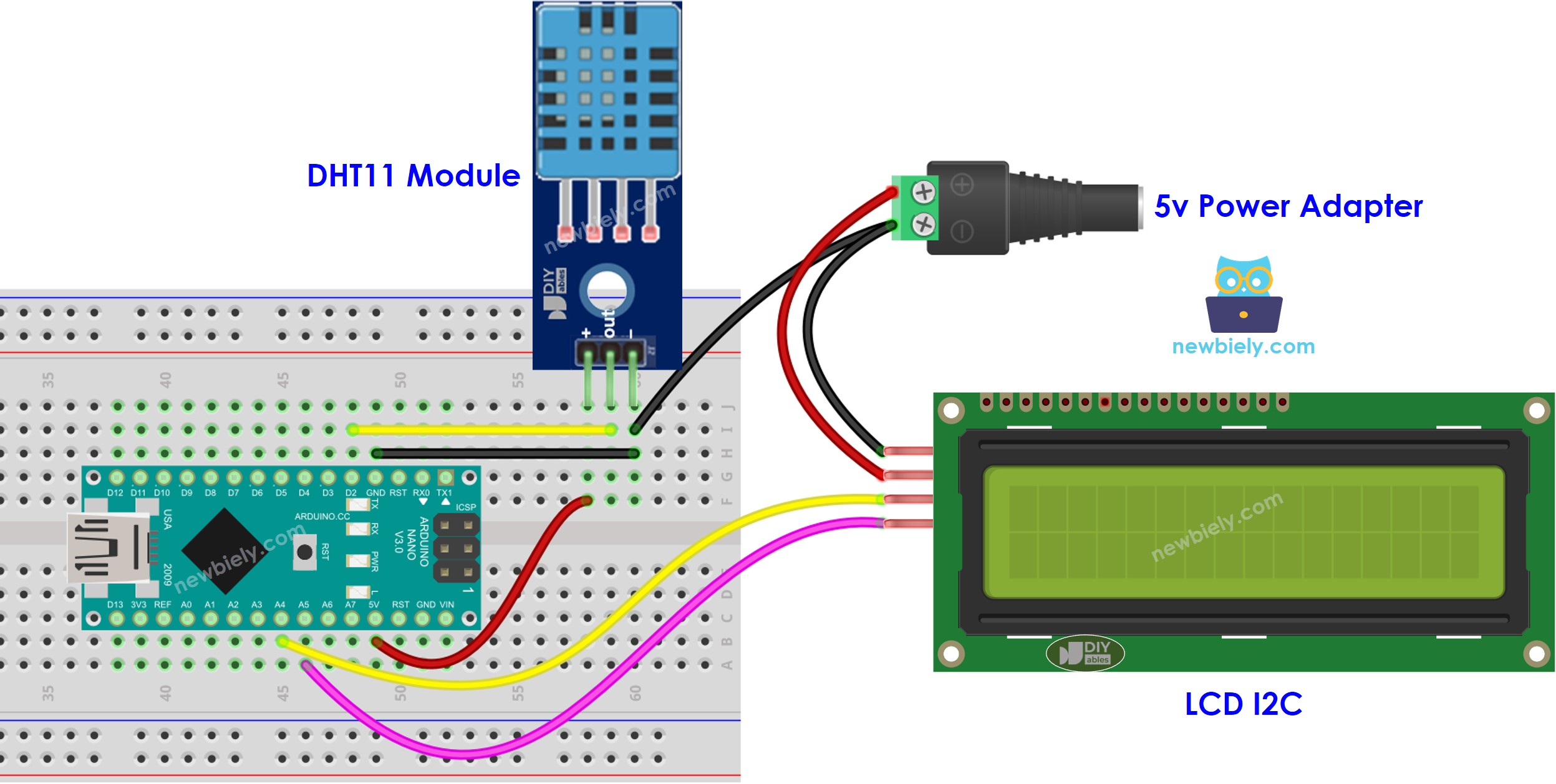 Arduino Nano DHT11 Temperatur Luftfeuchtigkeit LCD externe Stromversorgung Verdrahtungsdiagramm