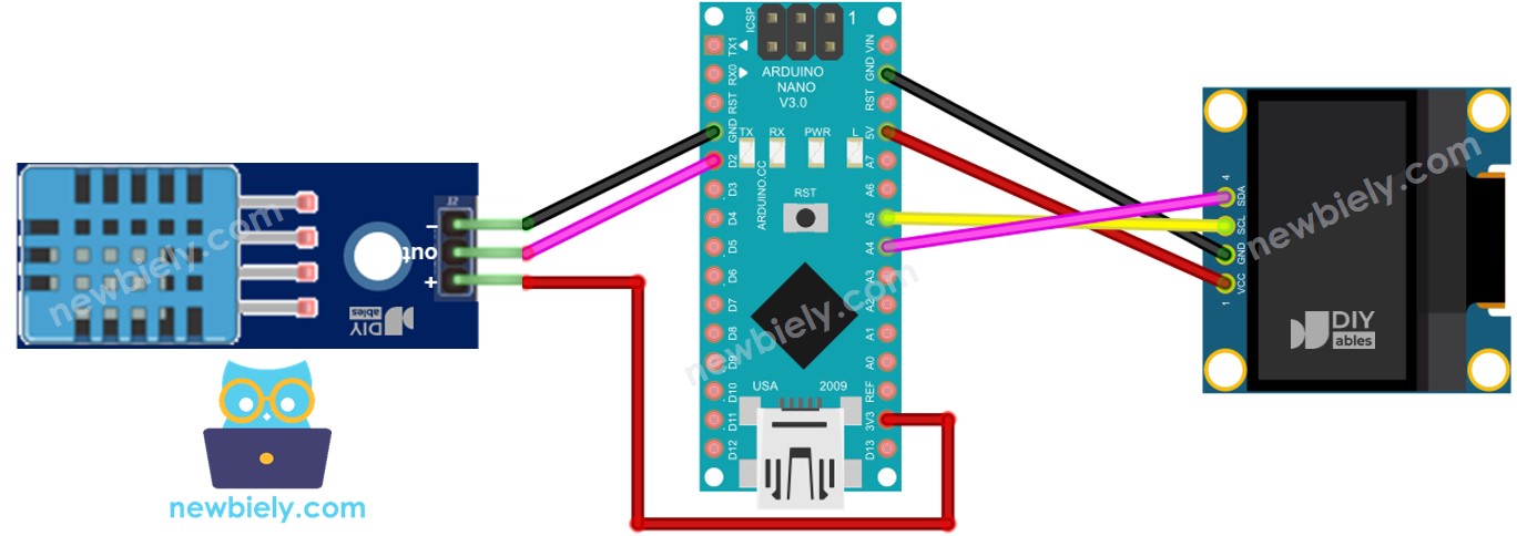 Arduino Nano DHT11 Sensor OLED Verdrahtungsdiagramm