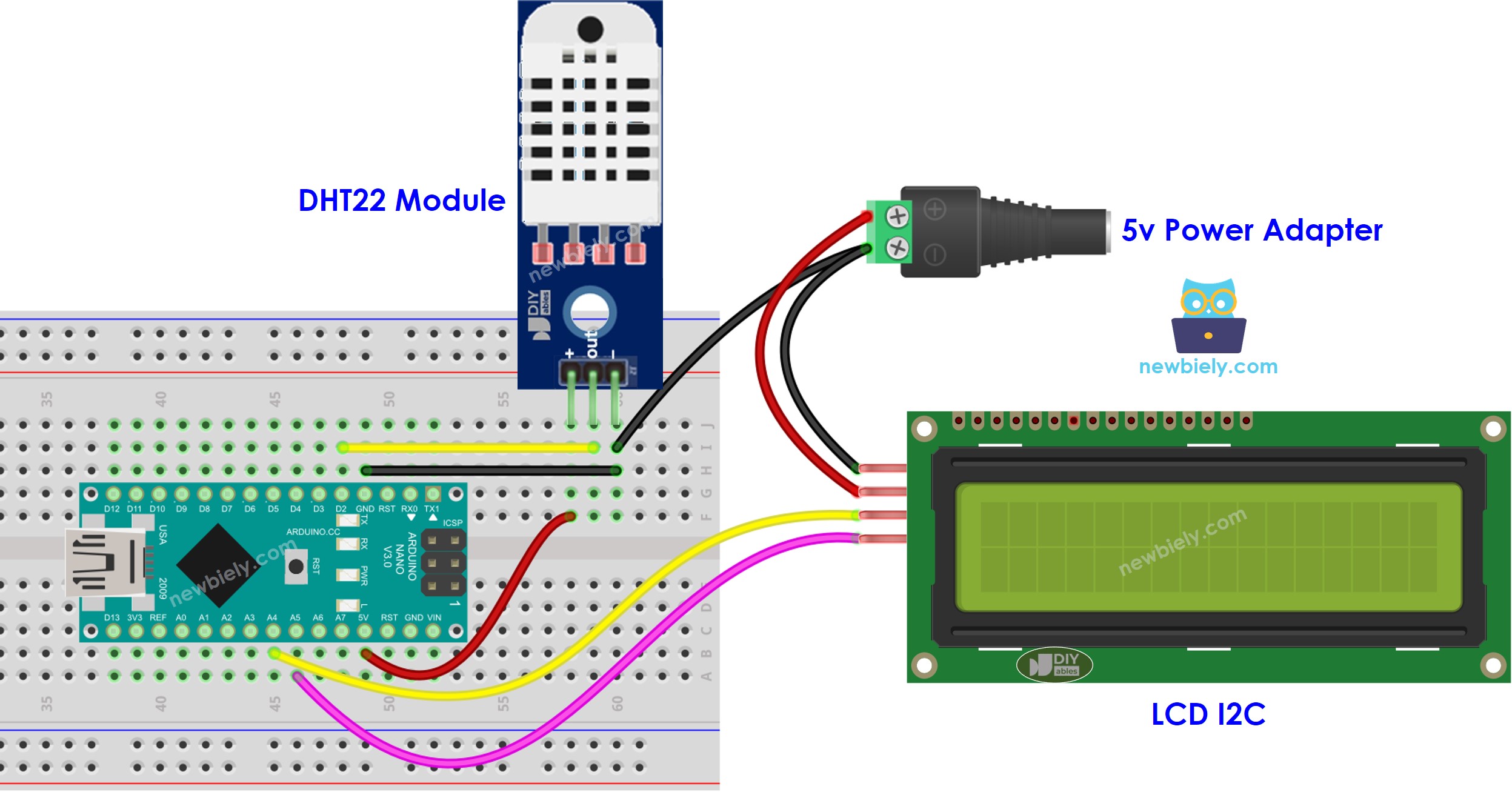 Arduino Nano DHT22 Temperatur- und Luftfeuchtigkeit LCD Externe Stromversorgung Verdrahtungsdiagramm