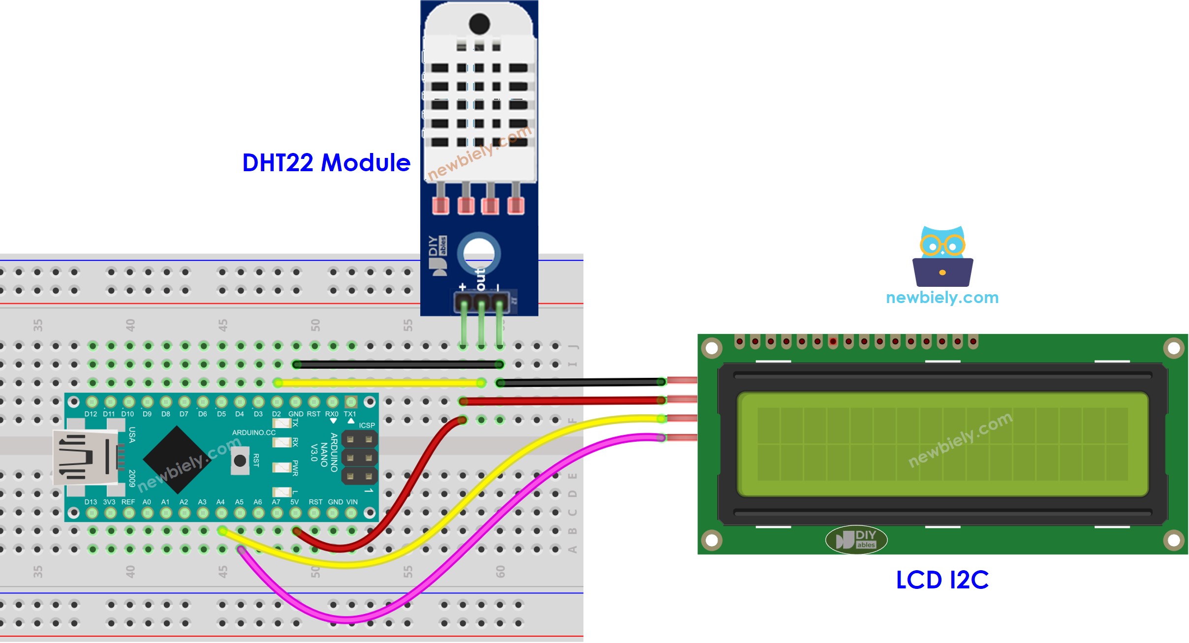 Arduino Nano DHT22 Temperatur- und Luftfeuchtigkeit LCD-Verbindungsdiagramm