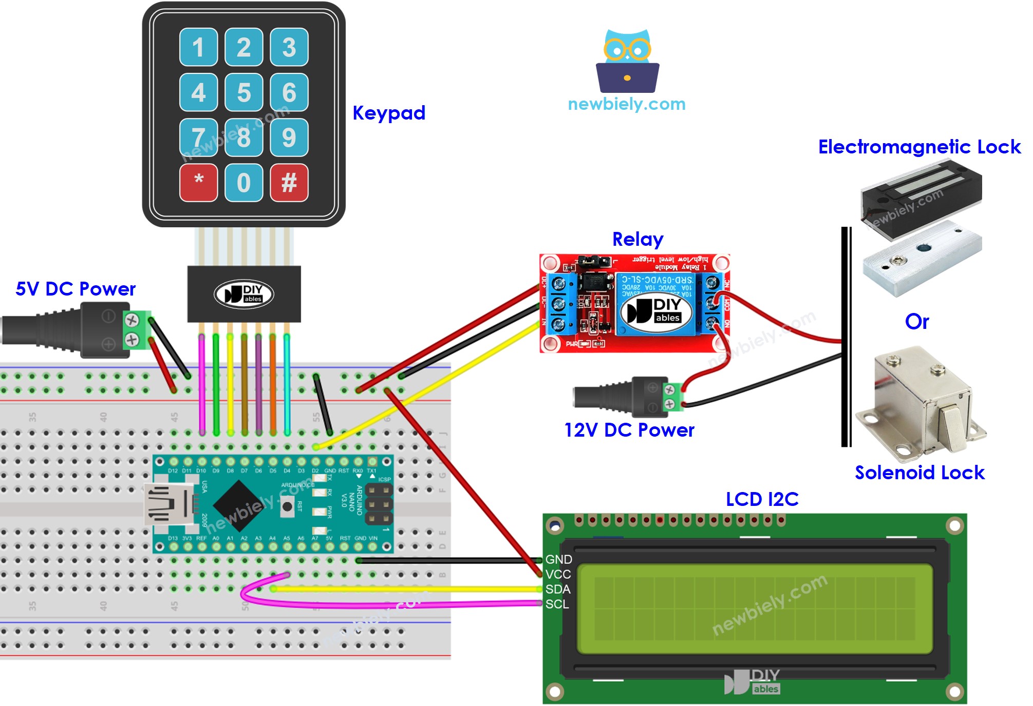 Arduino Nano Türschloss-System LCD externes Netzteil Verdrahtungsdiagramm
