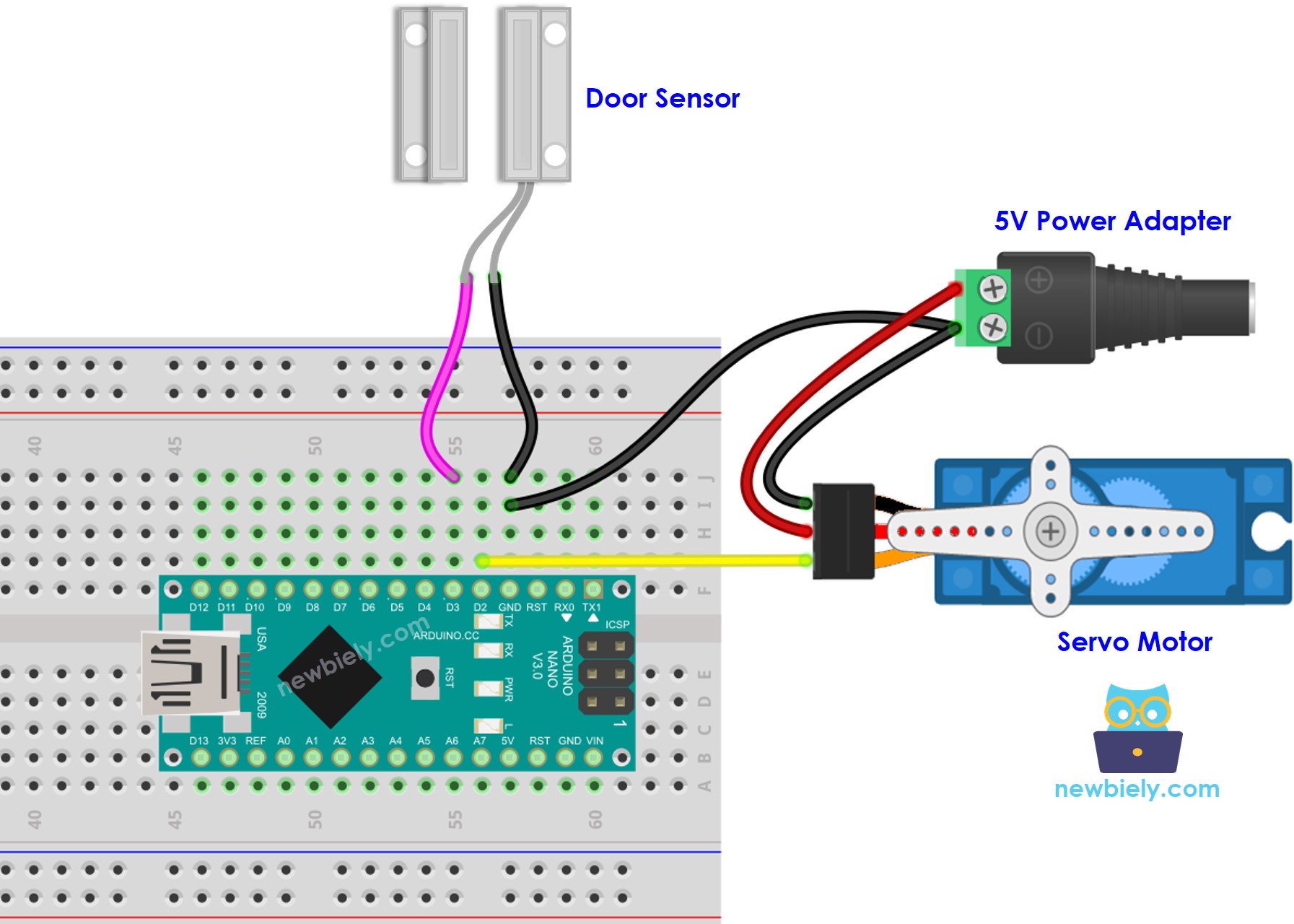 Arduino Nano Türsensor Servomotor Verdrahtungsdiagramm der externen Stromversorgung