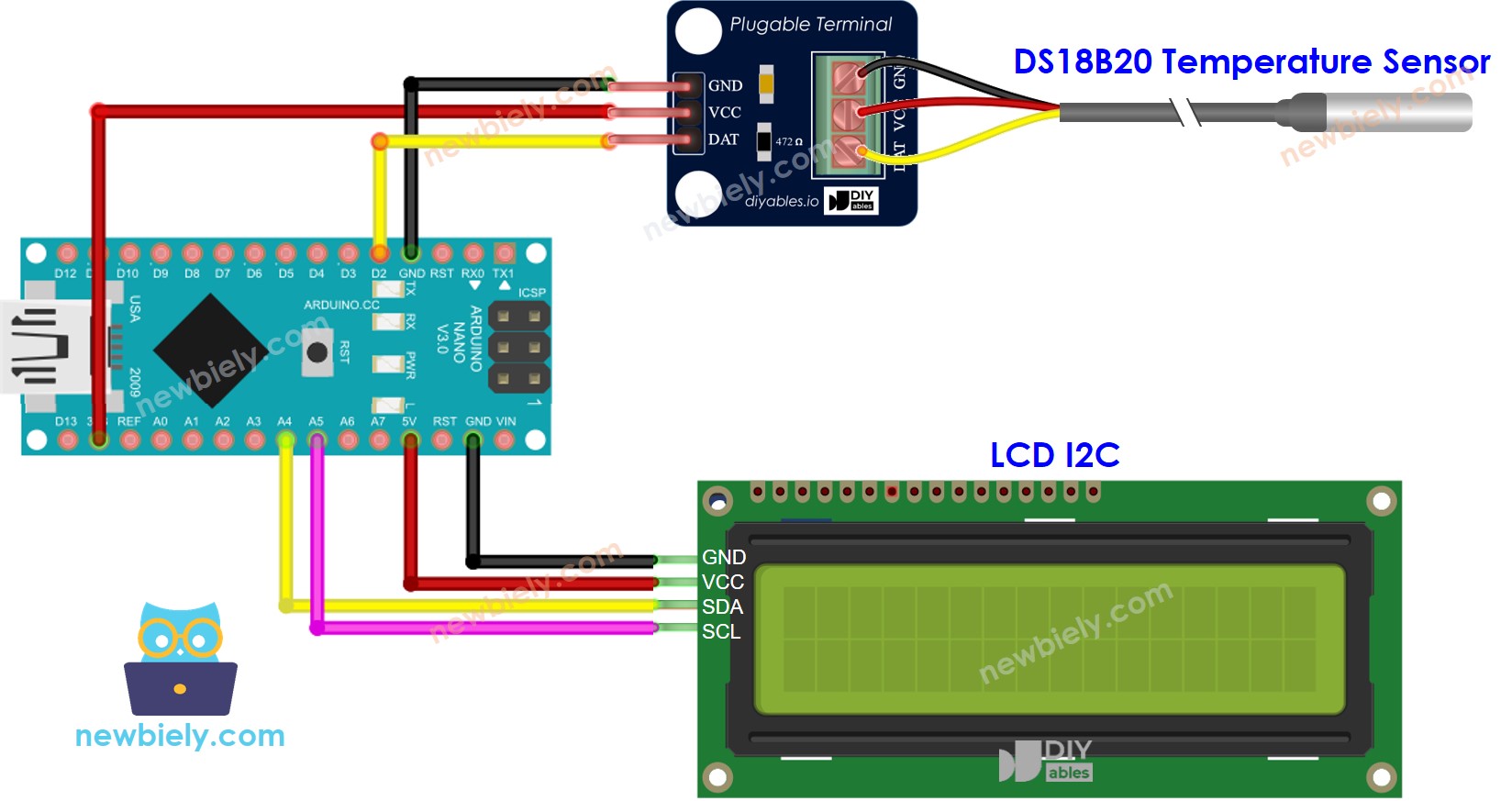 Arduino Nano DS18B20-Temperatursensor LCD-Schaltplan