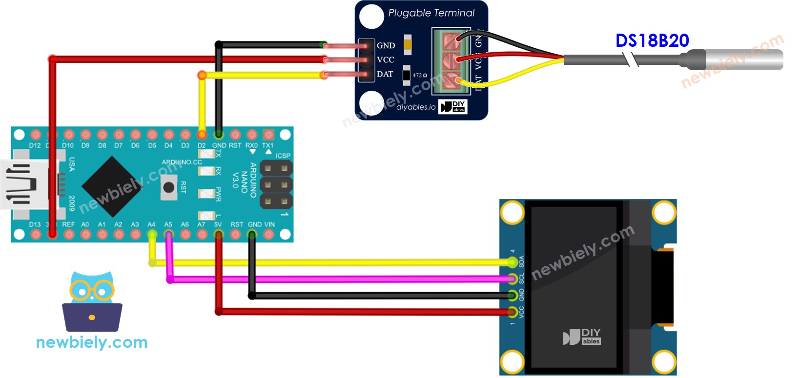 Arduino Nano DS18B20 Temperatursensor OLED Verdrahtungsdiagramm