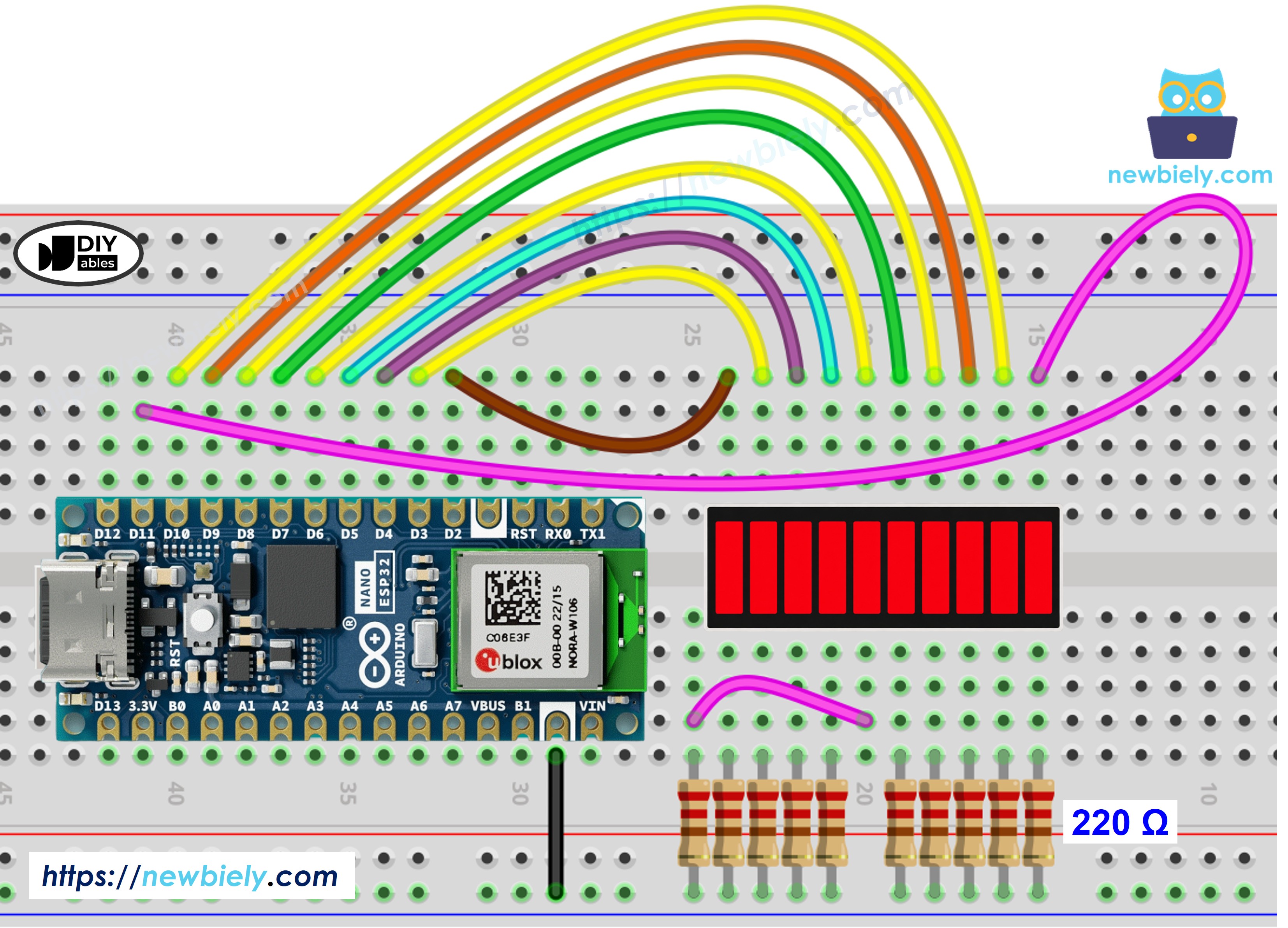 Schaltplan für 10-Segment-LED-Balkenanzeige und Arduino Nano ESP32