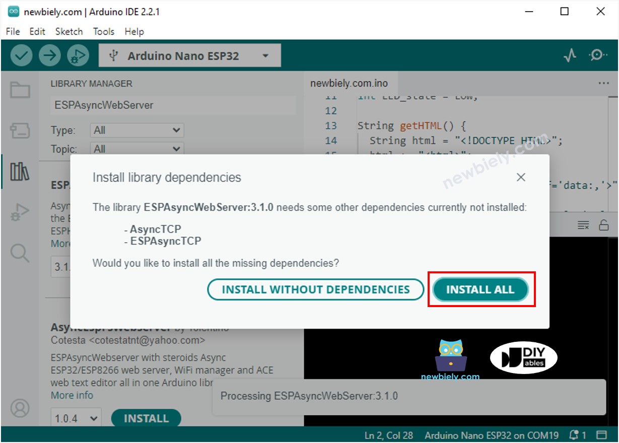 Arduino Nano ESP32 ESPAsyncWebServer Abhängigkeiten-Bibliothek