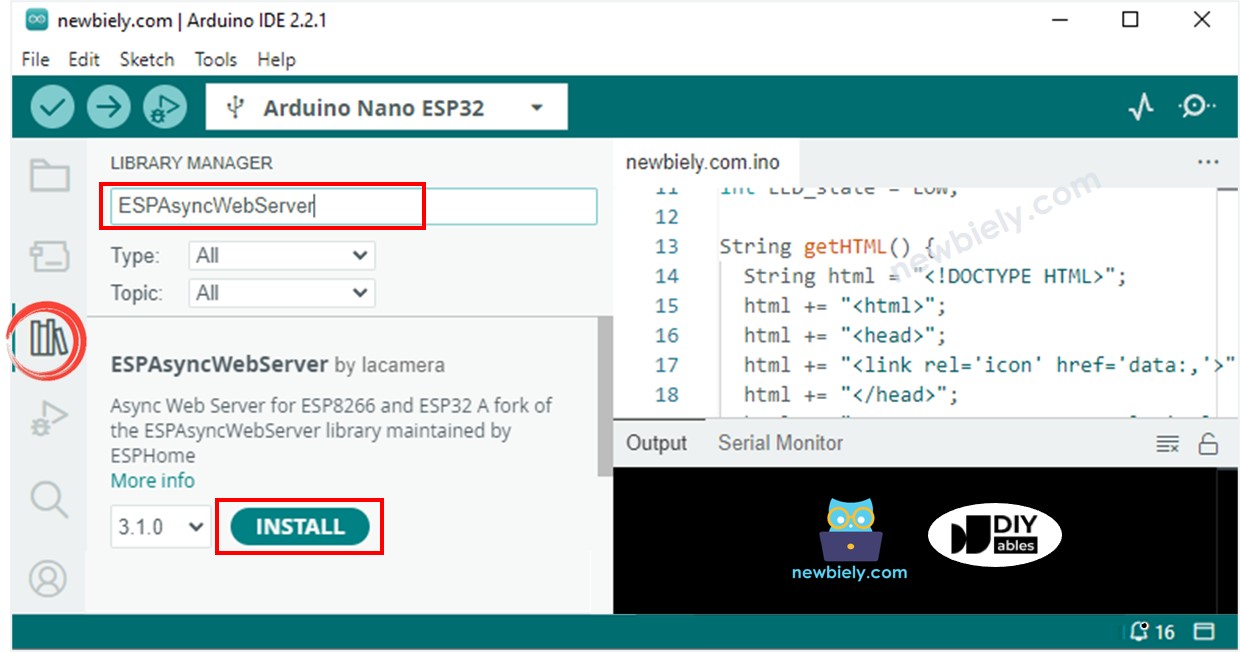 Arduino Nano ESP32 ESPAsyncWebServer-Bibliothek