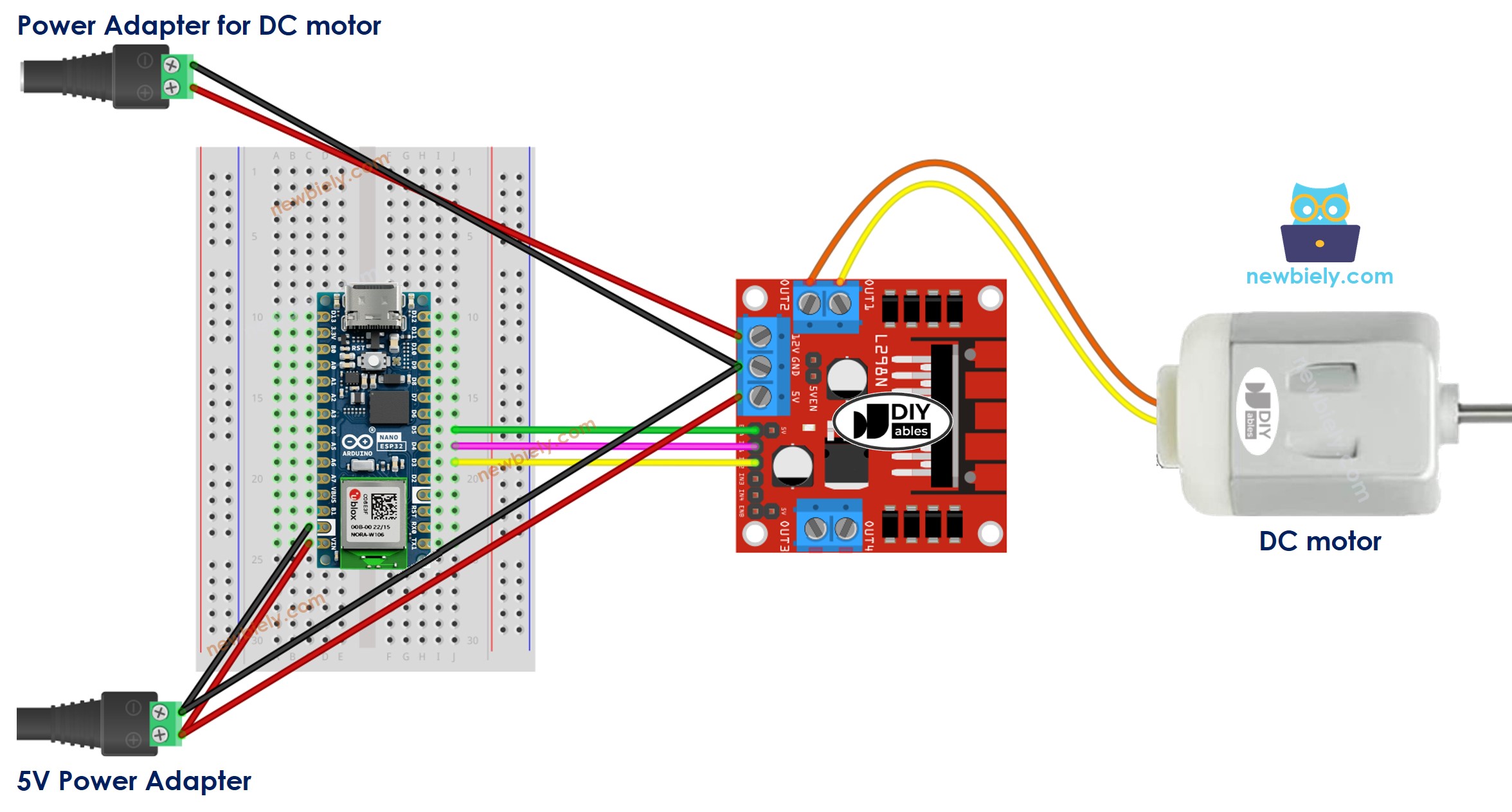 Arduino Nano ESP32 Gleichstrommotor L298N Treiber Verdrahtungsdiagramm