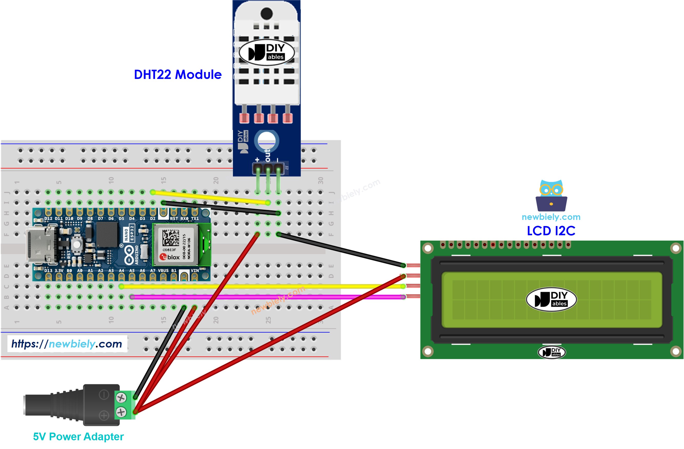 Arduino Nano ESP32 DHT22 LCD I2C Verdrahtungsdiagramm