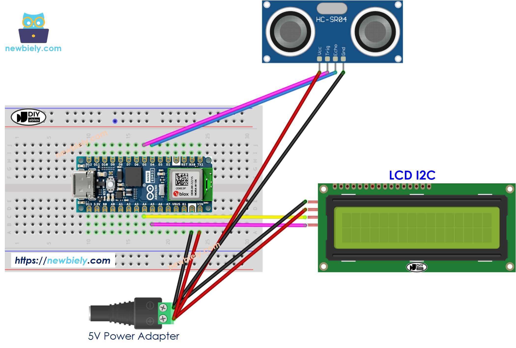 Arduino Nano ESP32 Ultraschallsensor LCD Verdrahtungsdiagramm