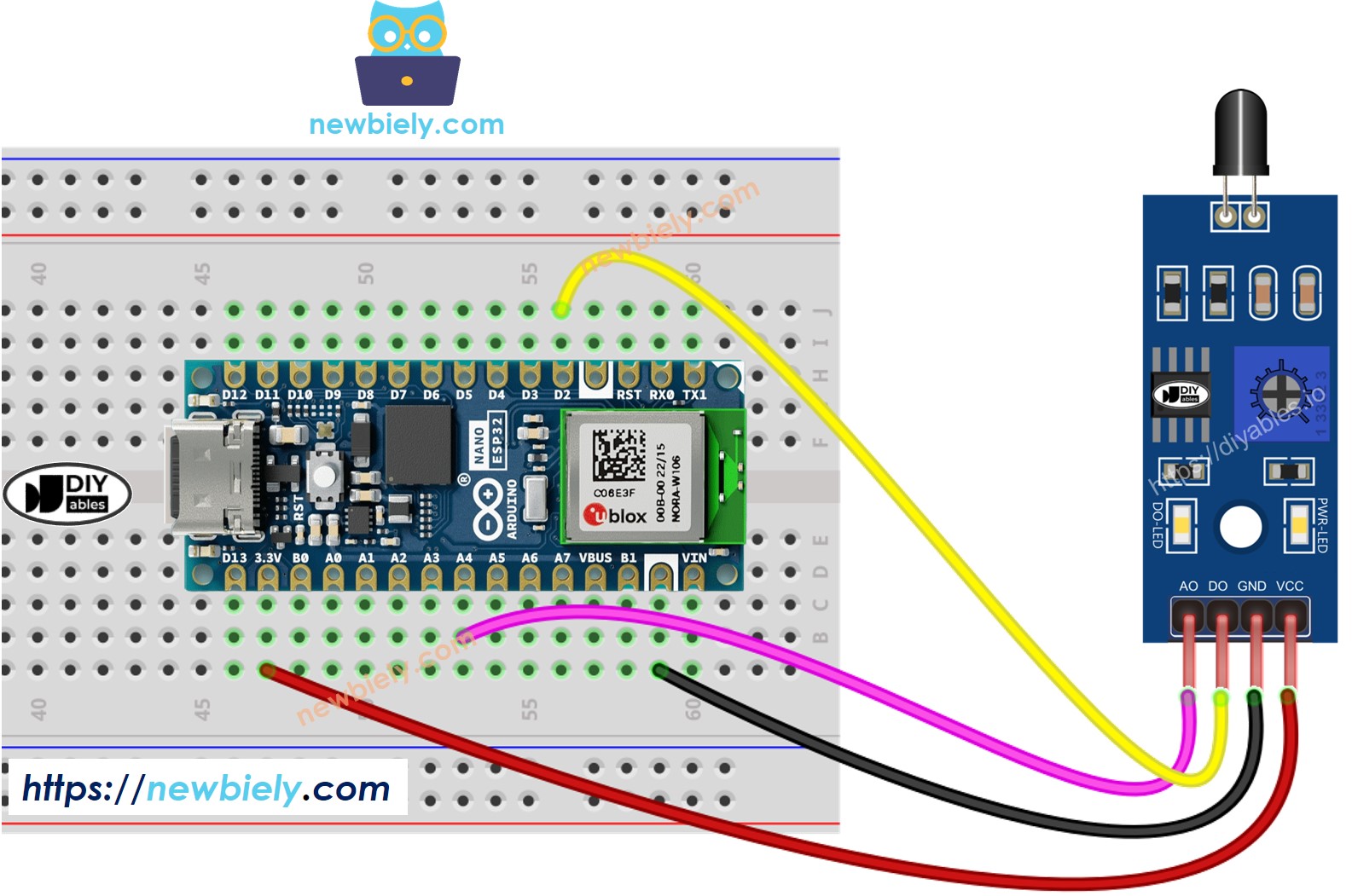 Arduino Nano ESP32 Infrarot-Flammen-Sensor-Verdrahtungsdiagramm