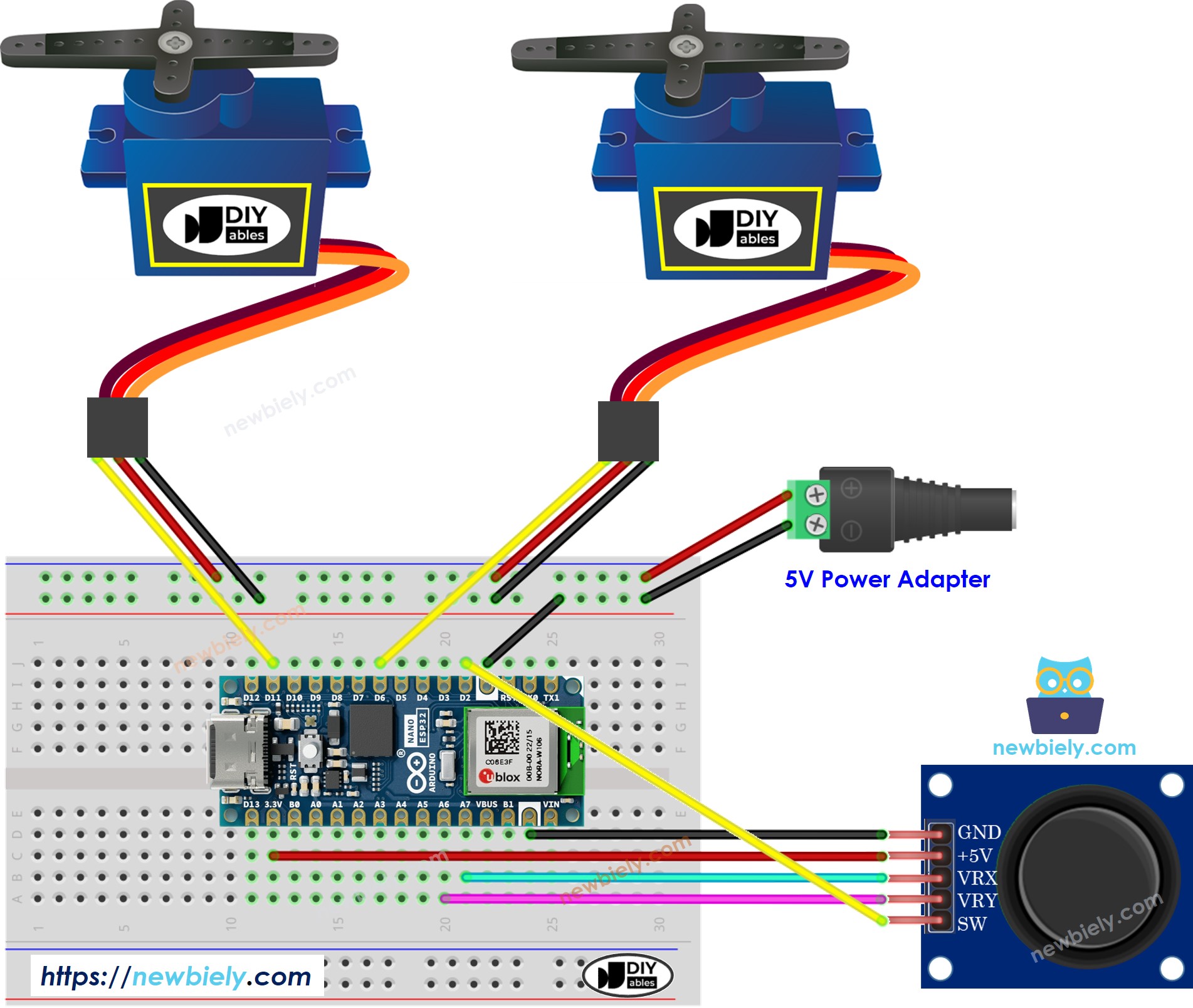 Arduino Nano ESP32 Joystick-Servomotor-Verdrahtungsdiagramm