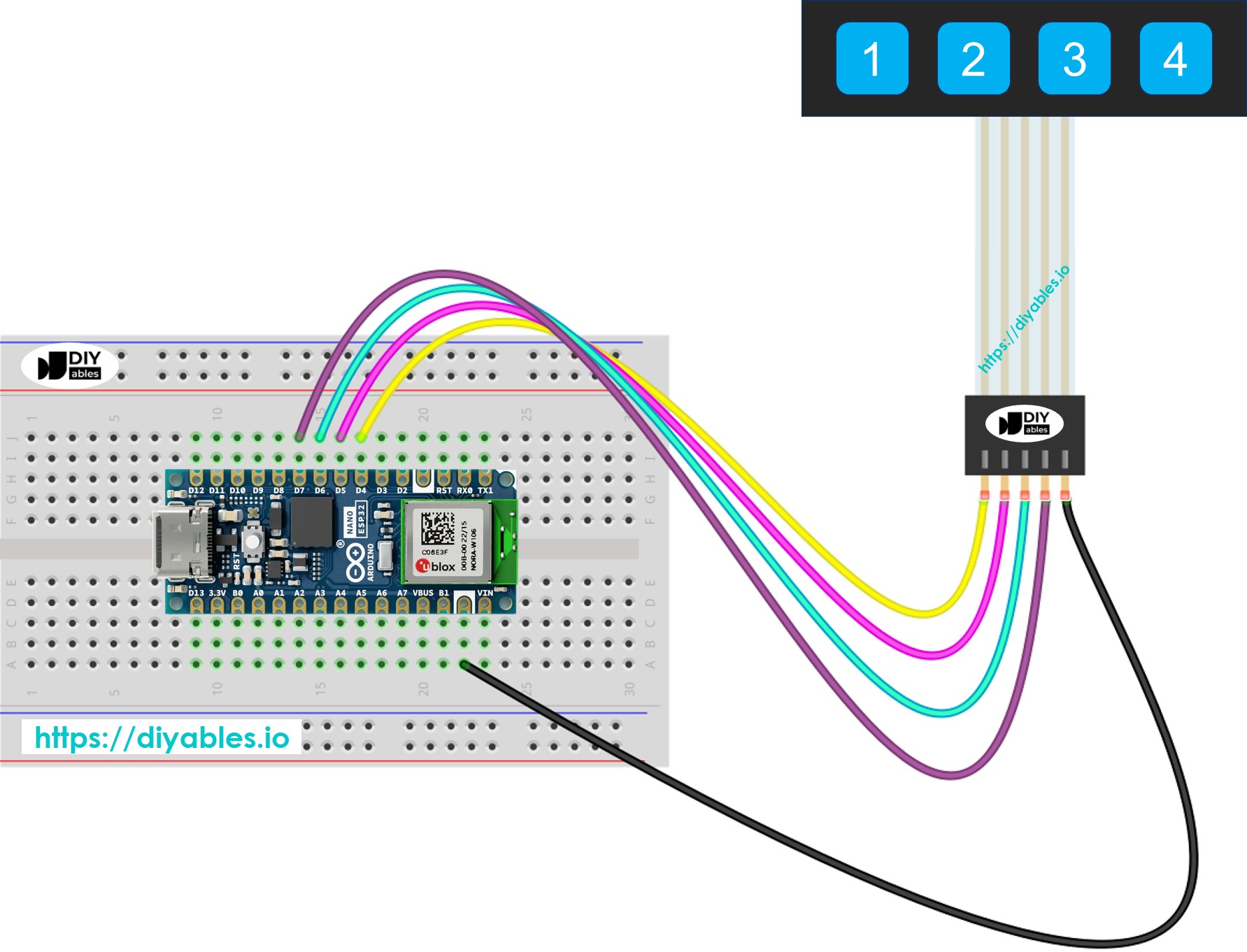 Arduino Nano ESP32 Tastatur 1×4 Verdrahtungsdiagramm