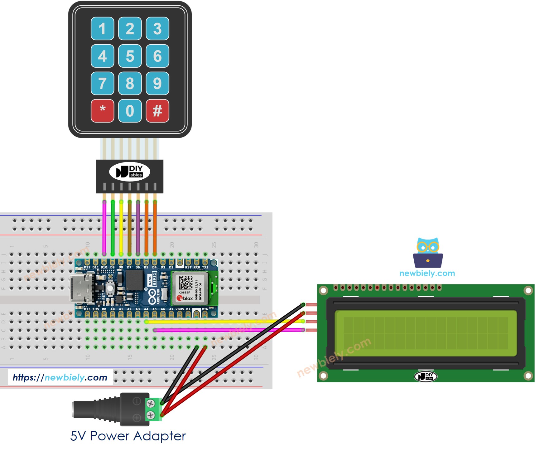 Arduino Nano ESP32 Tastaturfeld LCD Verdrahtungsdiagramm
