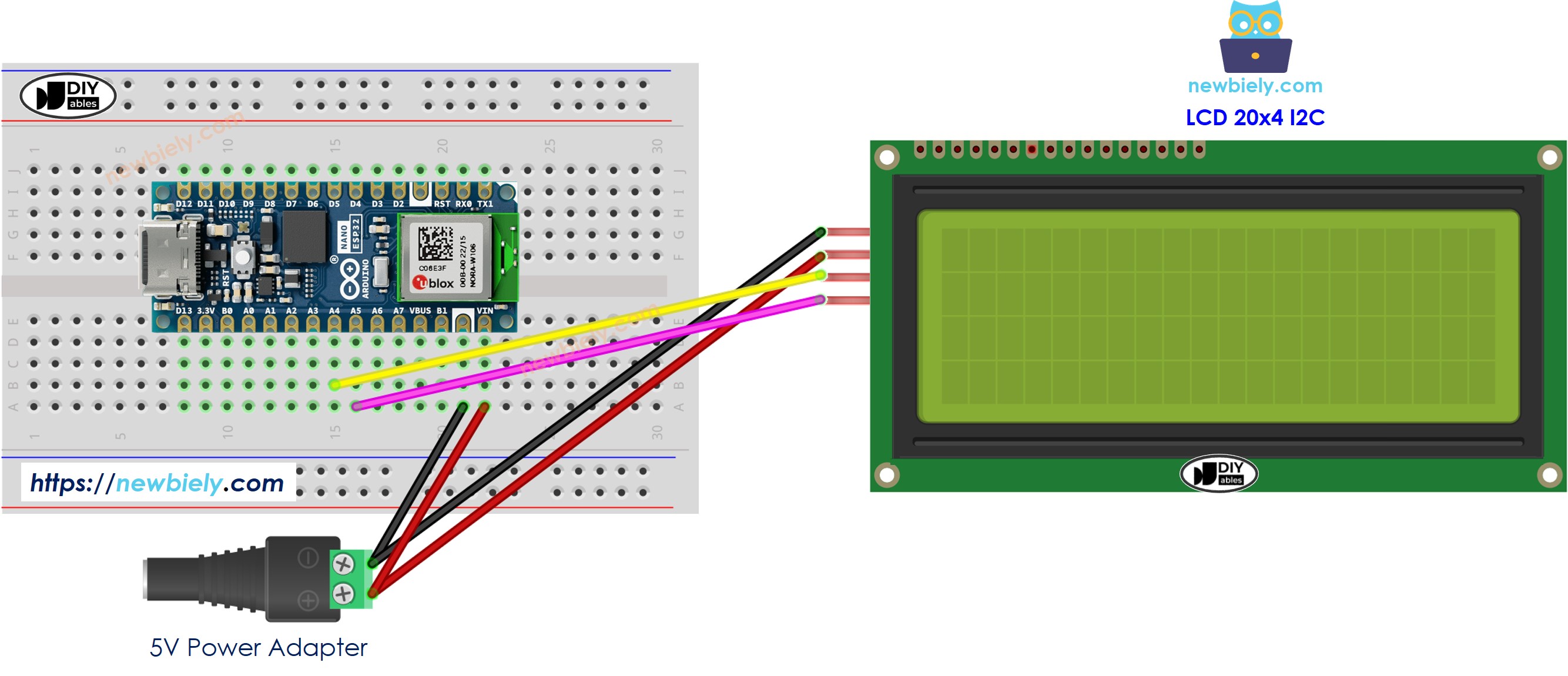 Arduino Nano ESP32 LCD 20×4 I2C Schaltplan der externen Stromversorgung