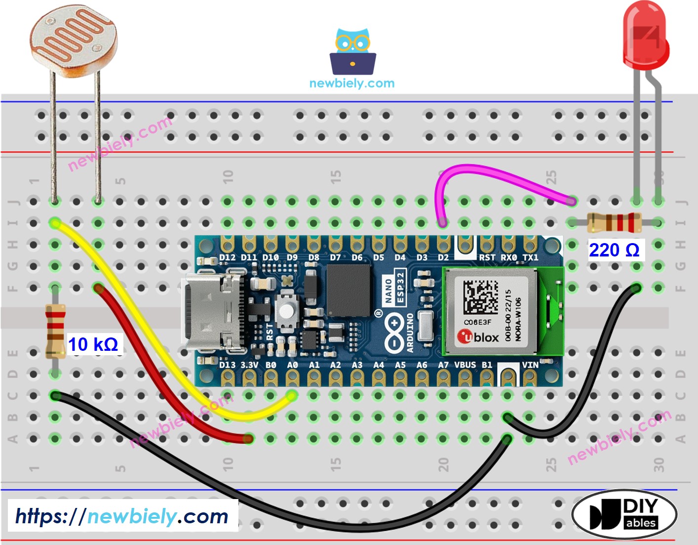 Arduino Nano ESP32 Lichtsensor LED Verdrahtungsdiagramm