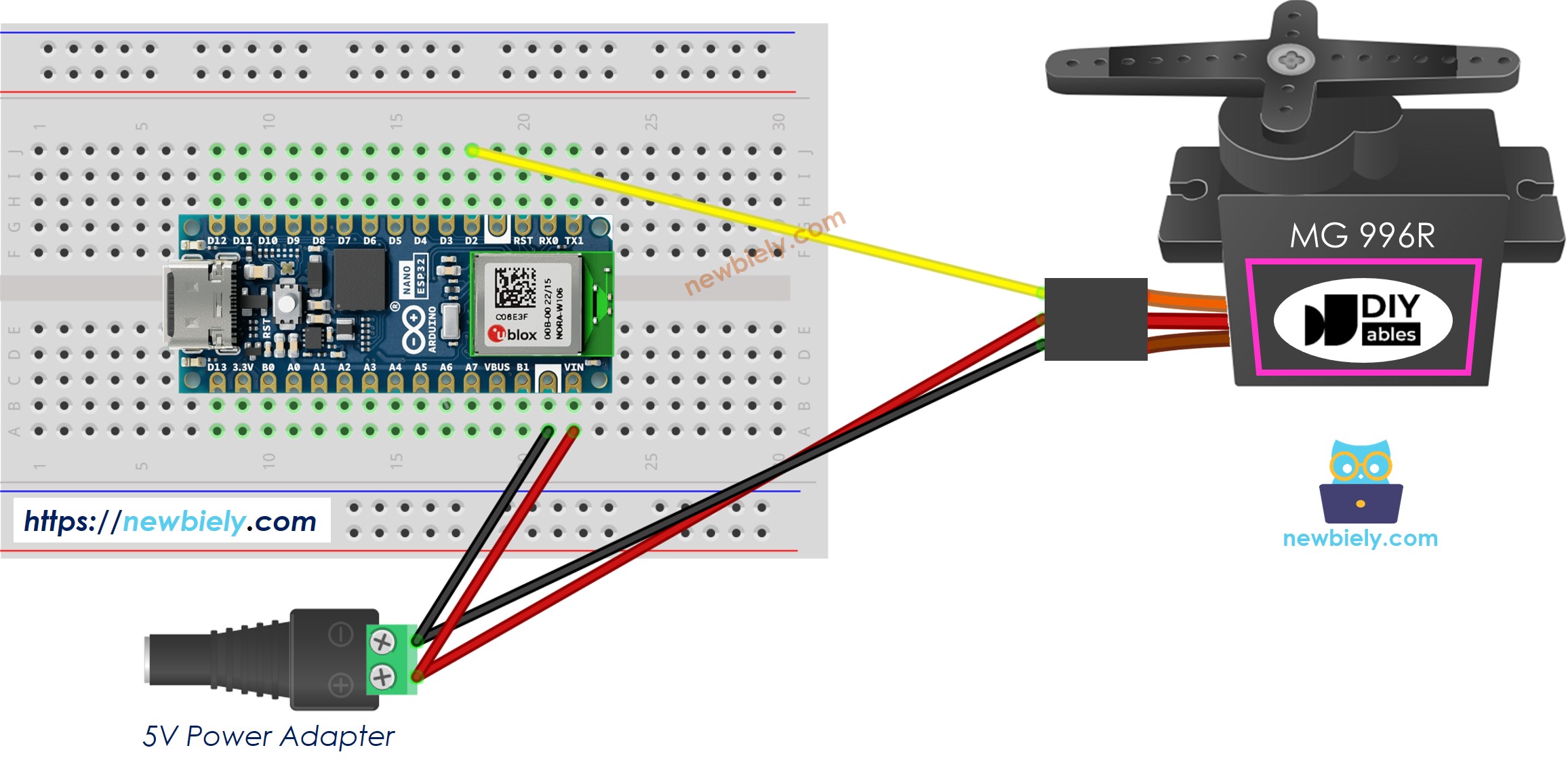 Arduino Nano ESP32 MG996R Servomotor Externe Stromversorgung Schaltplan