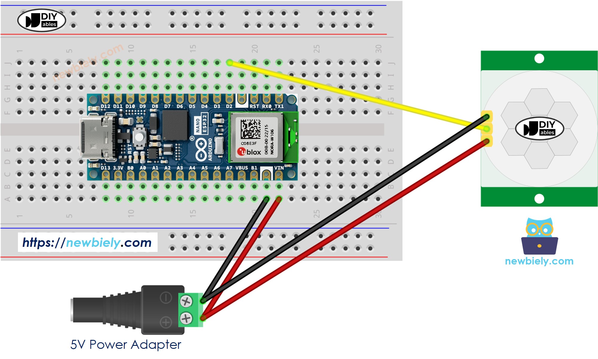 Arduino Nano ESP32 Bewegungssensor-Verdrahtungsdiagramm mit externem Netzadapter